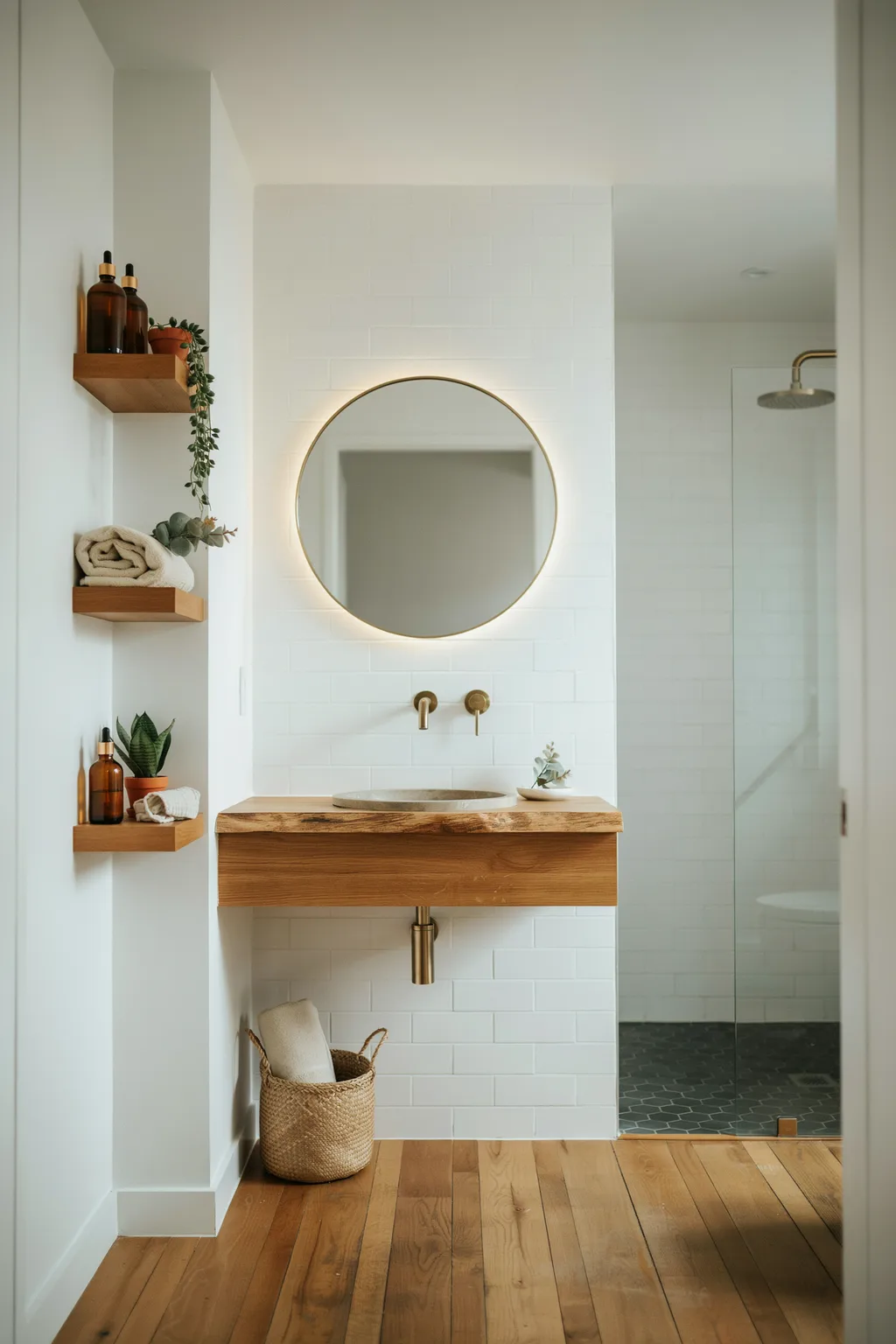 Layer Open Wood Shelves in a Niche