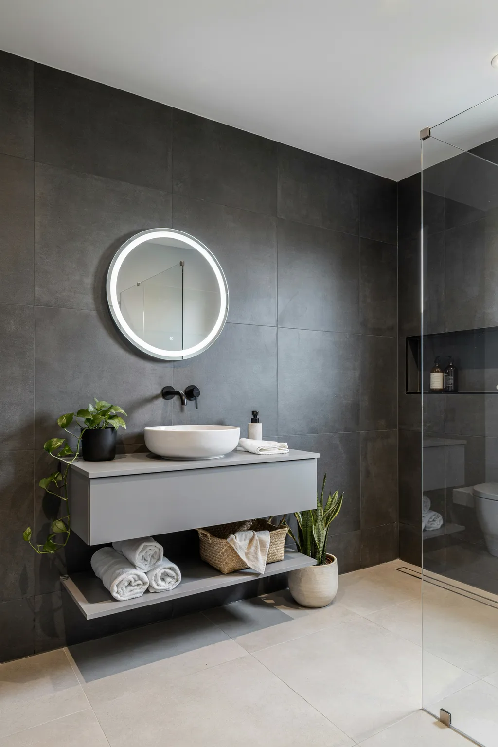 Open Shelf Vanity With Plants