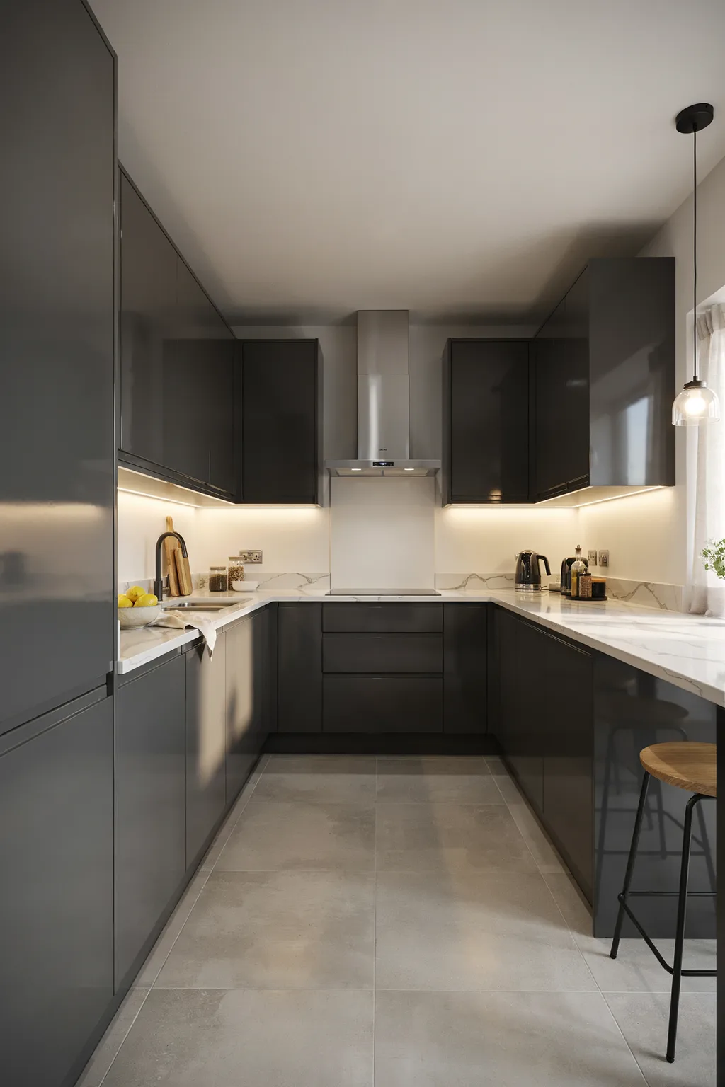 Handleless Gloss Galley Kitchen