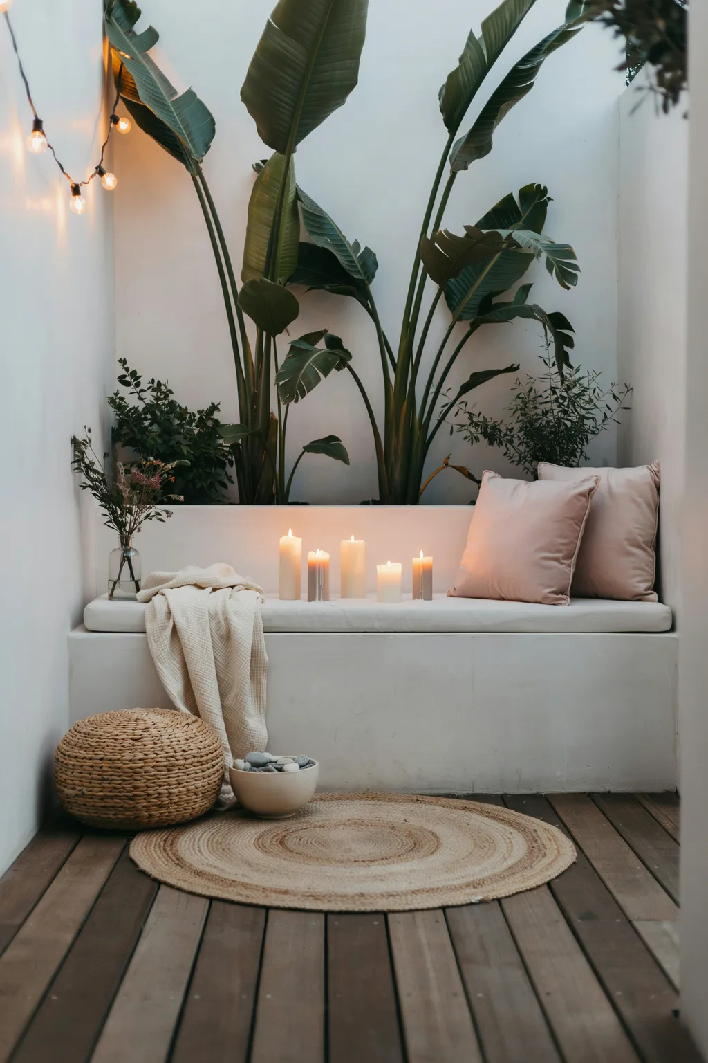 Built-In Bench With Candlelit Greenery