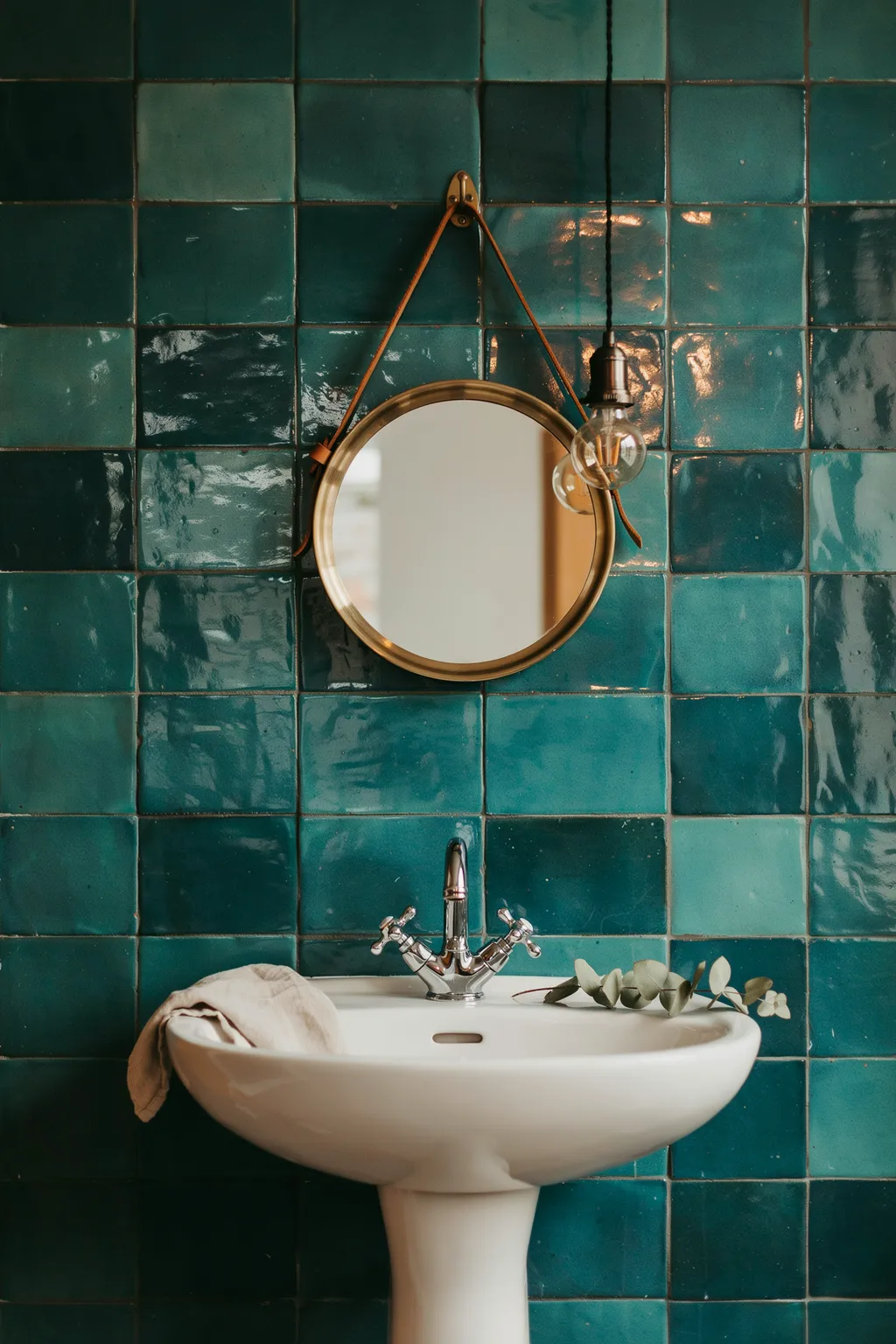 Glossy Teal Zellige Tile With Vintage Brass