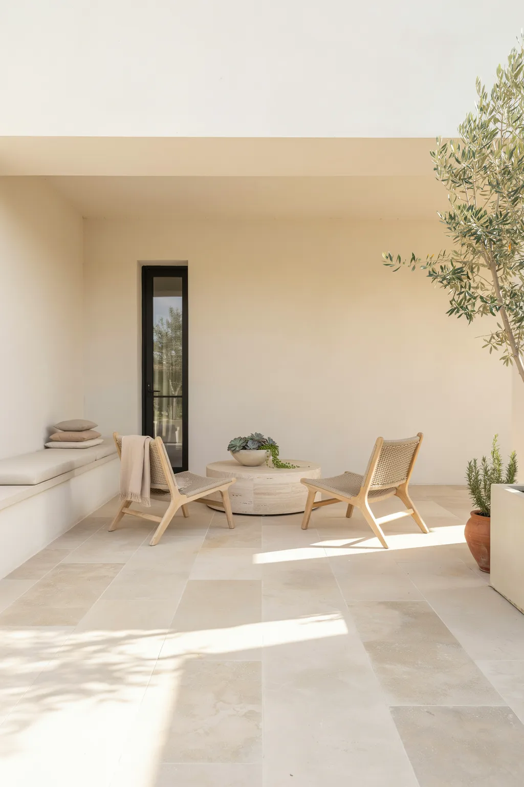 Built-In Bench Patio With Travertine Table