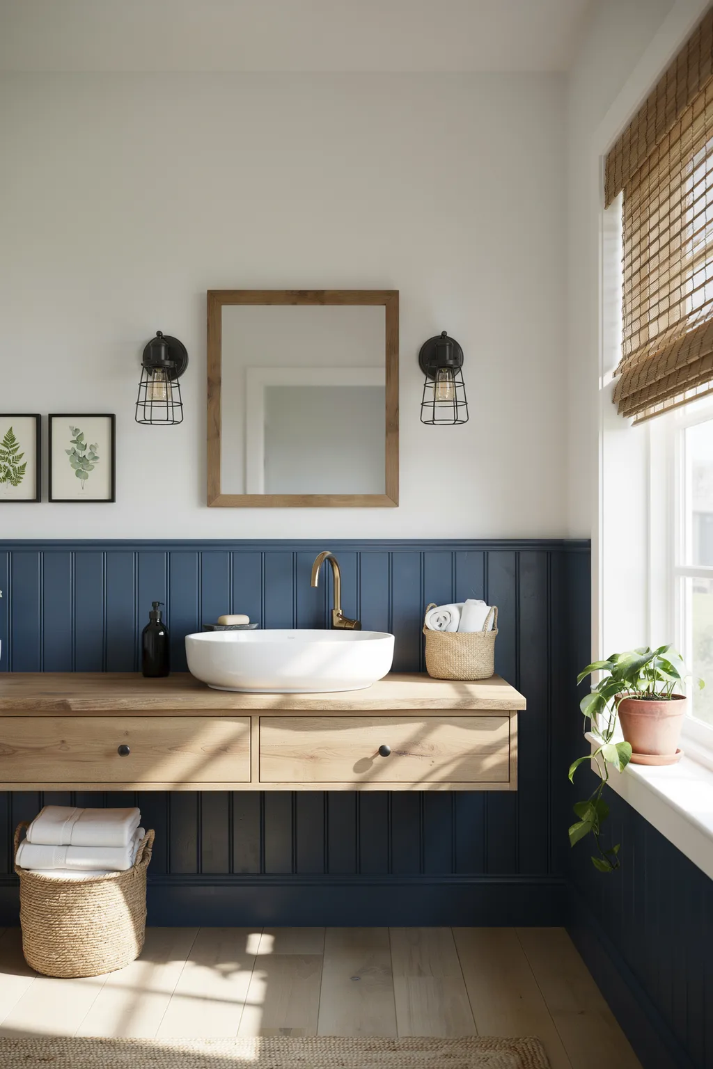 Coastal Navy Bath With Woven Shades