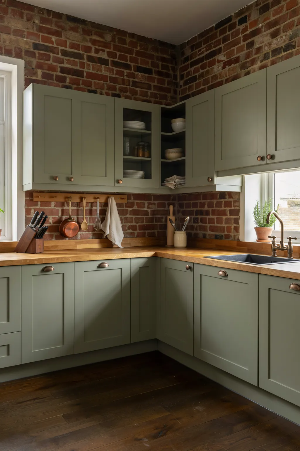 Olive Green Kitchen Exposed Brick
