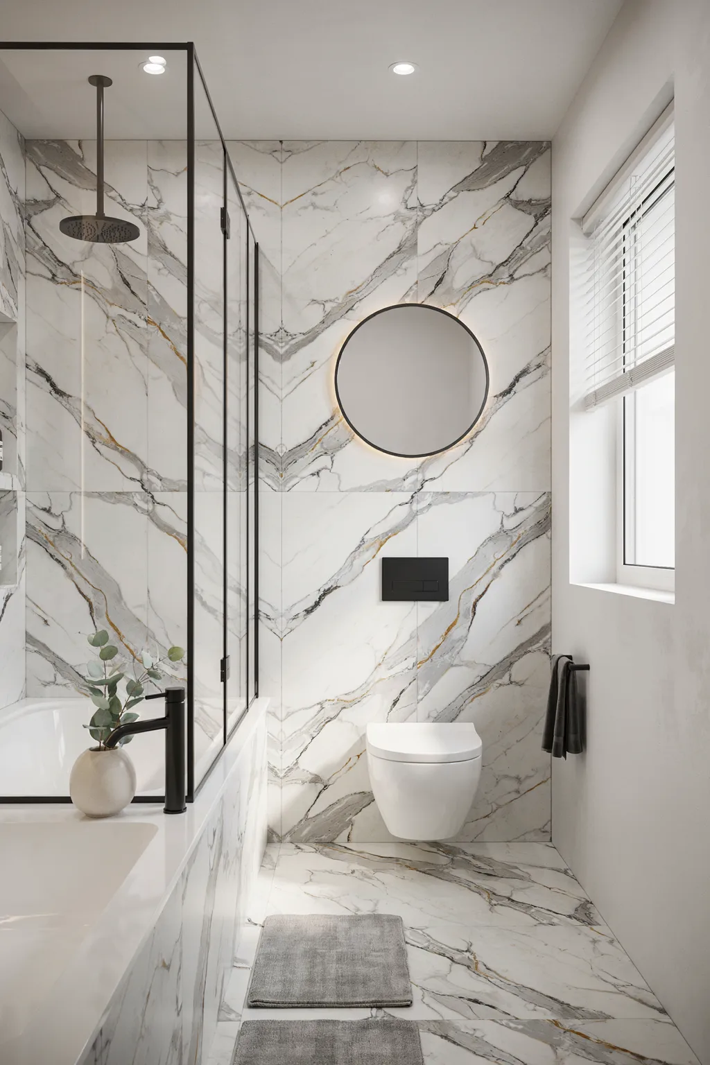 Veined Marble Bathroom With Round Mirror