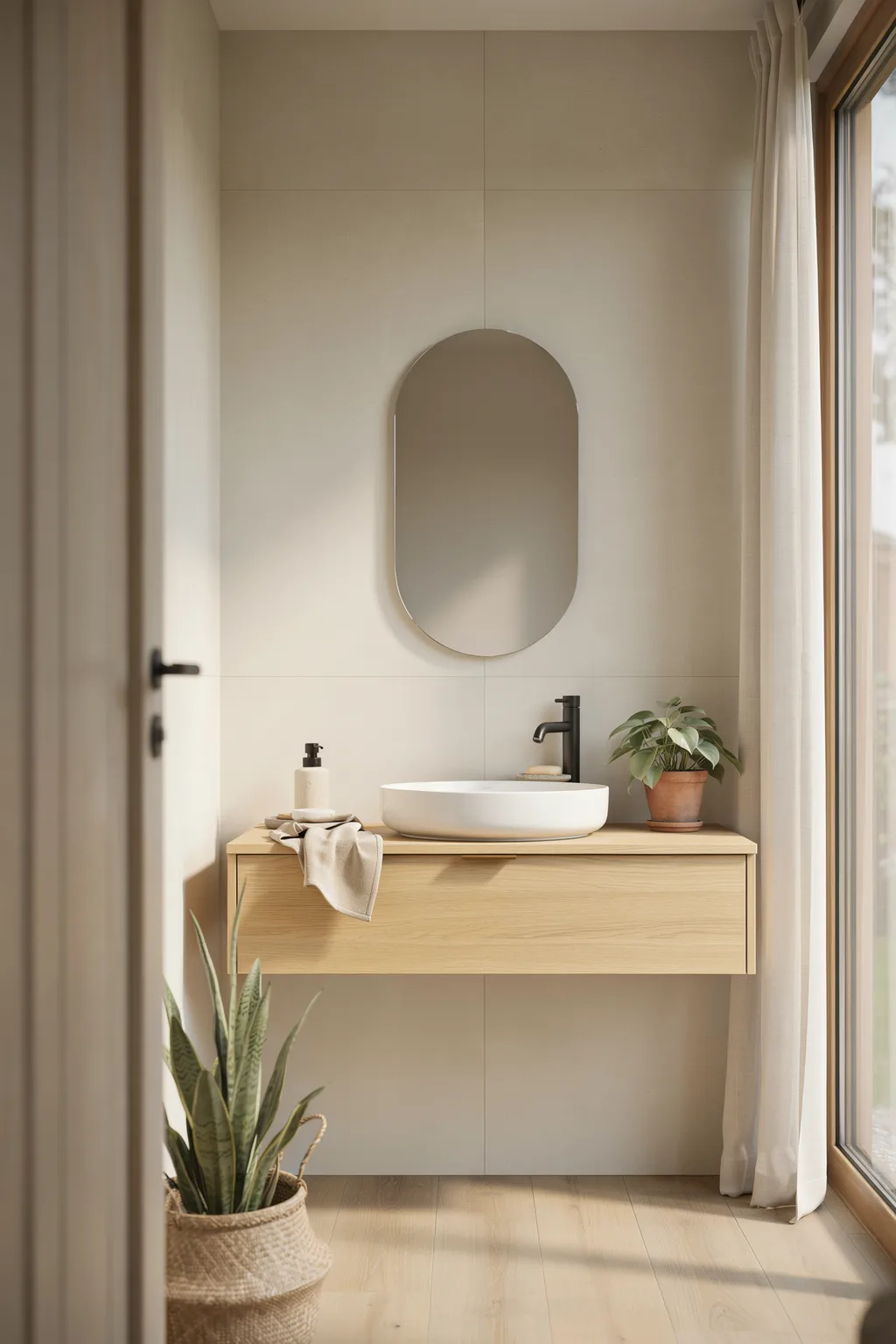 Oval Mirror And Light Wood Vanity