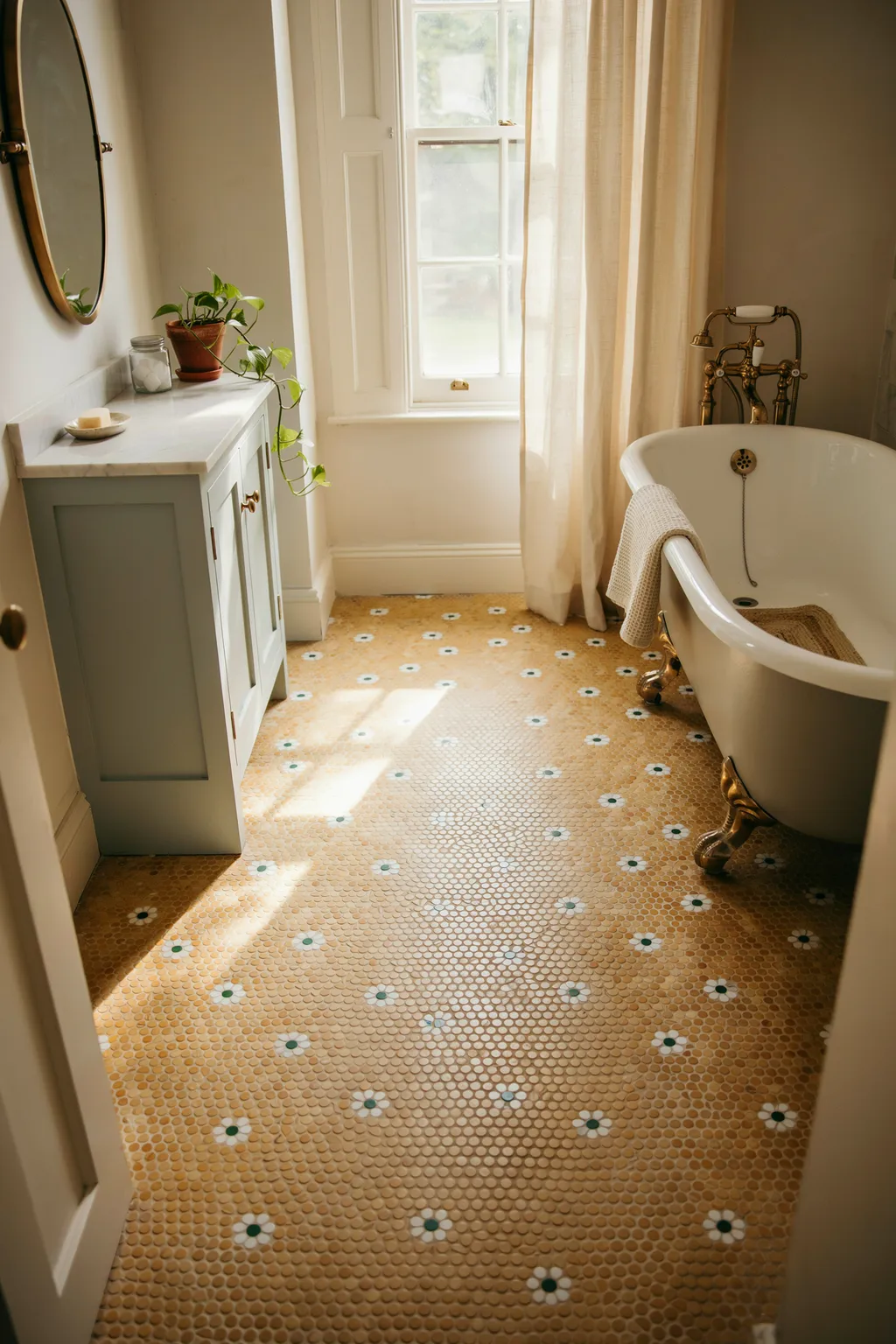 Yellow Penny-Round Floor With Flower Motifs