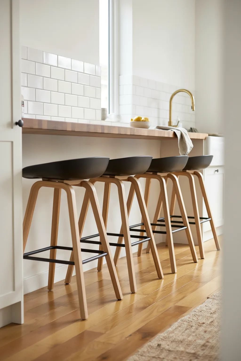 Black Saddle Stools On Oak Legs