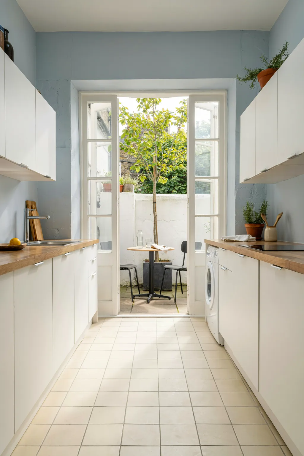 Pale Blue Kitchen With French Doors