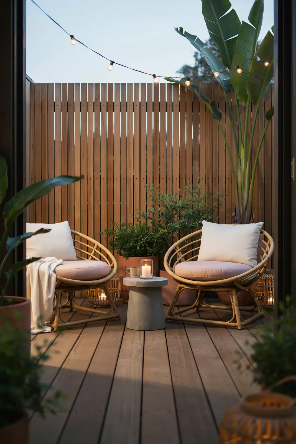 Wood Slat Privacy Corner With Rattan Chairs