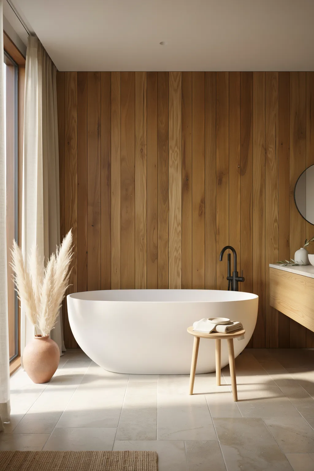 Freestanding Tub Against A Wood Wall