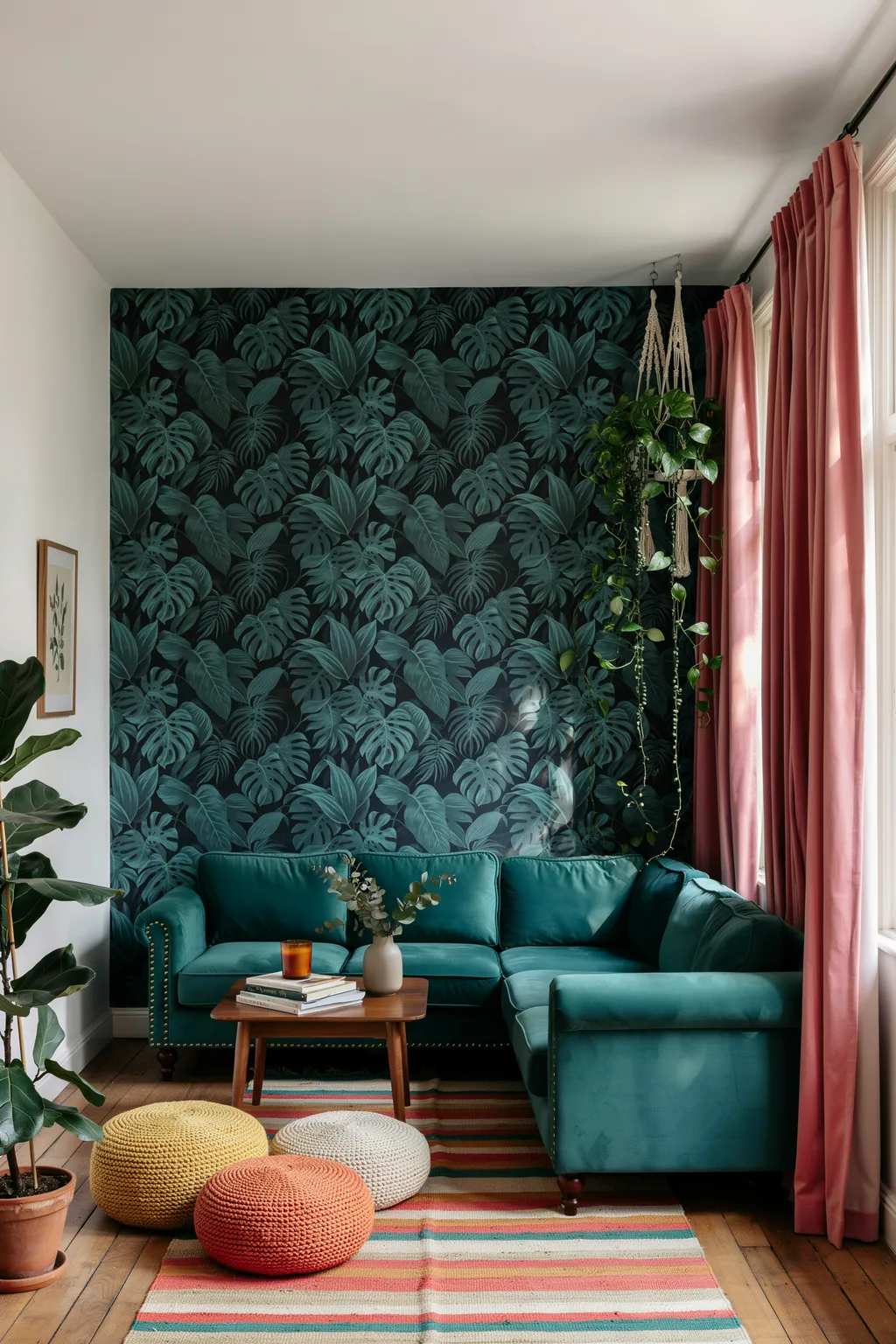 Botanical Living Room With A Bold Focal Wall