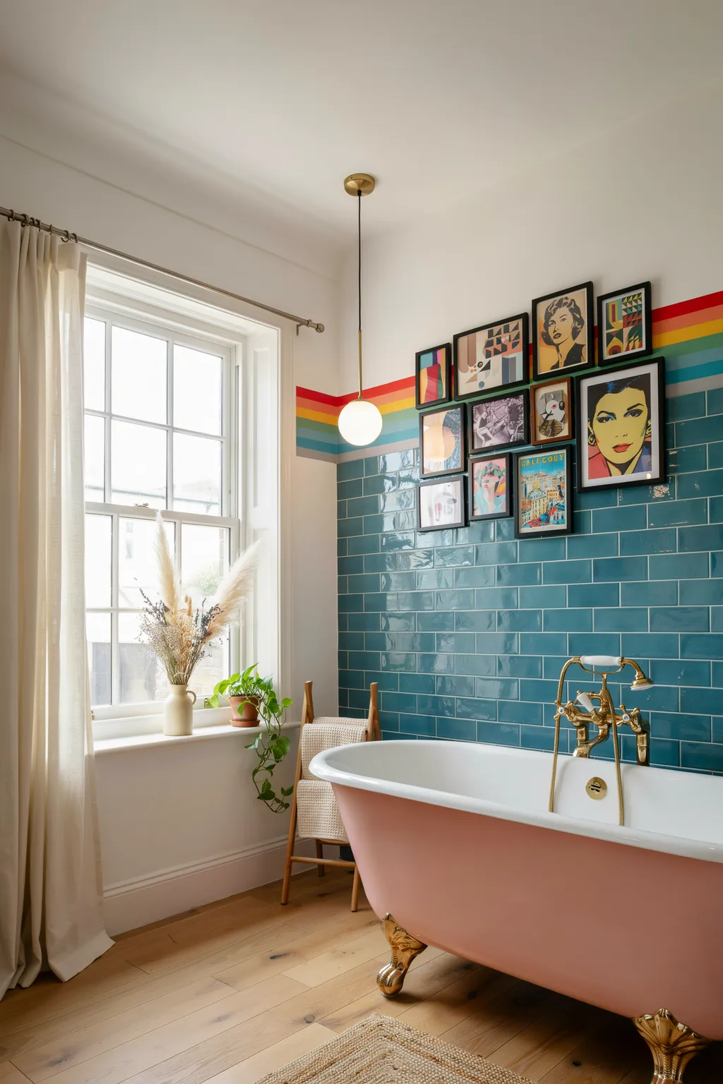 Rainbow Ceiling Border With a Pink Tub