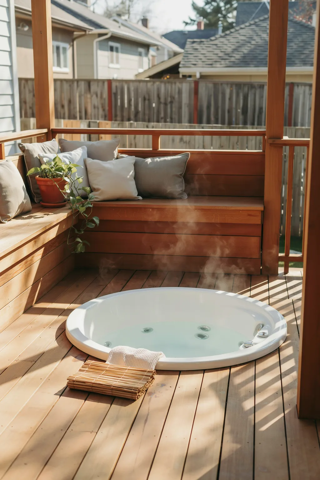 Round Deck Spa With A Pillow-Lined Bench