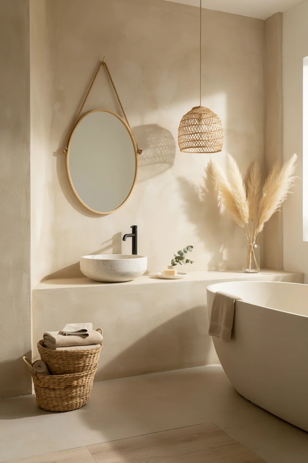 All-Microcement Bath With Rattan Light