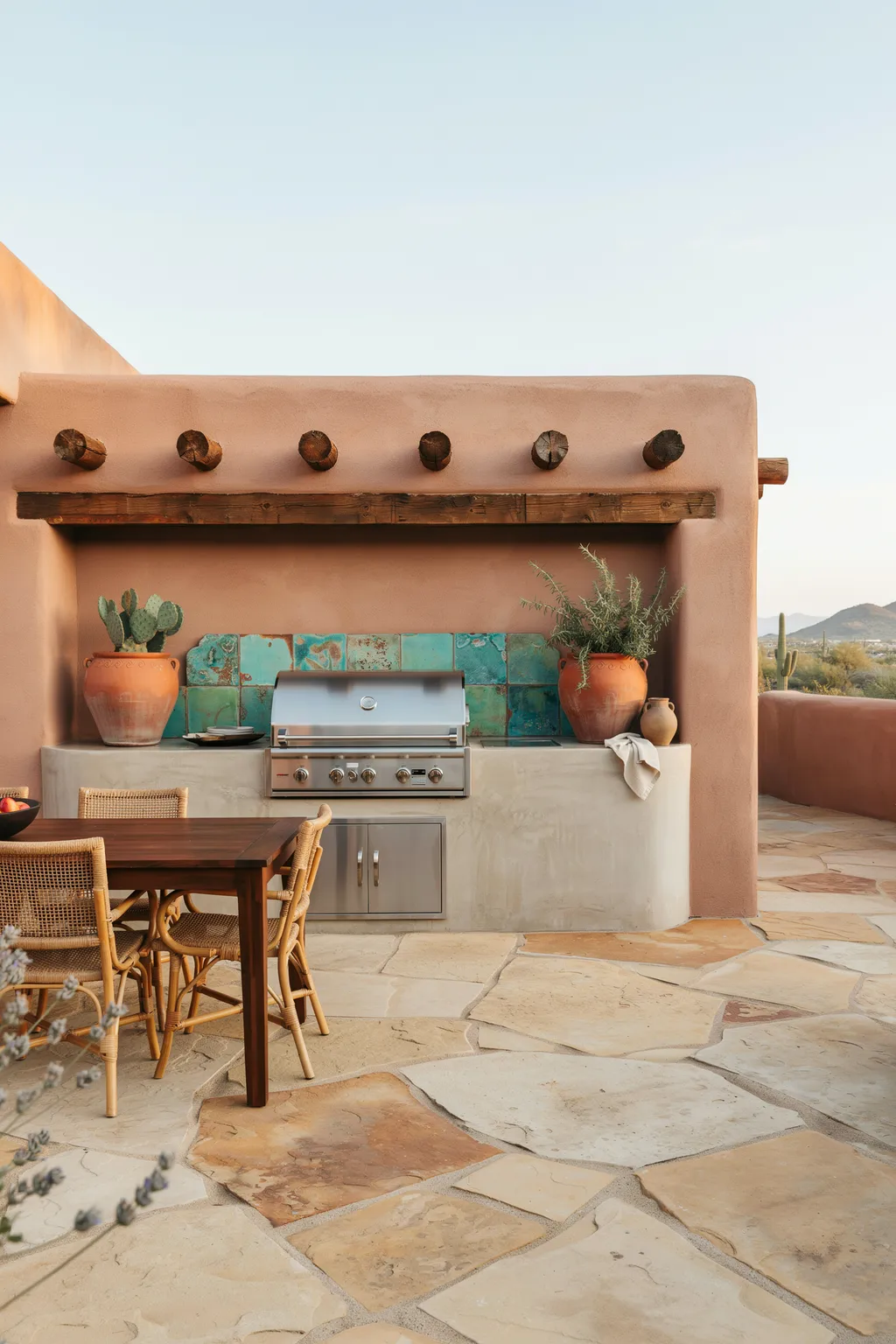Desert Adobe Outdoor Kitchen With Turquoise Tile