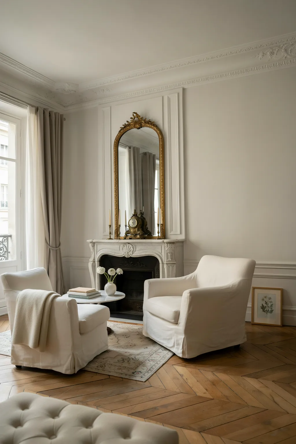 Parisian-Style Small White Living Room