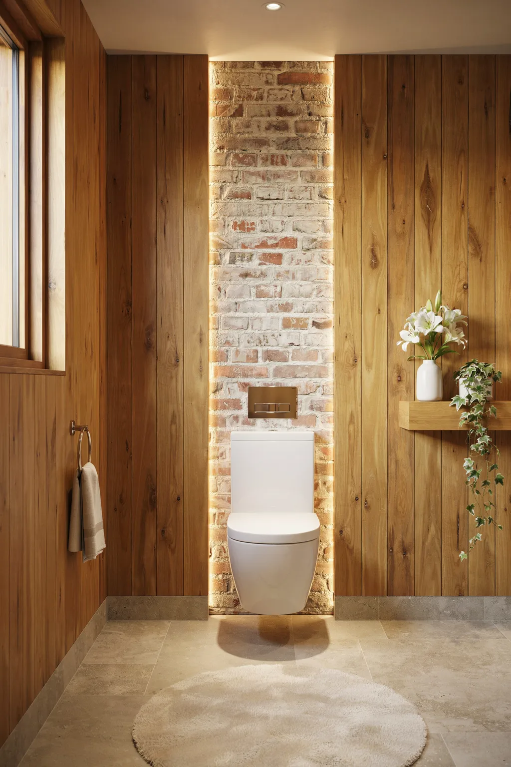 Wood Powder Room Backlit Brick