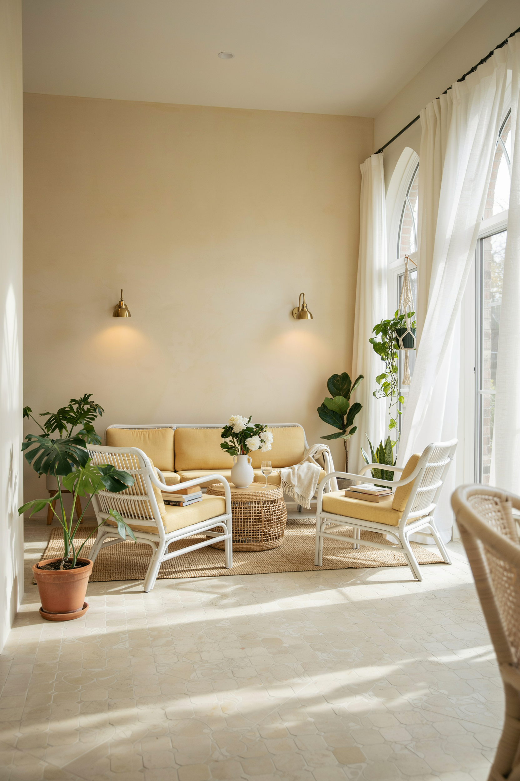 Sunroom-Inspired Yellow And Wicker Living Room