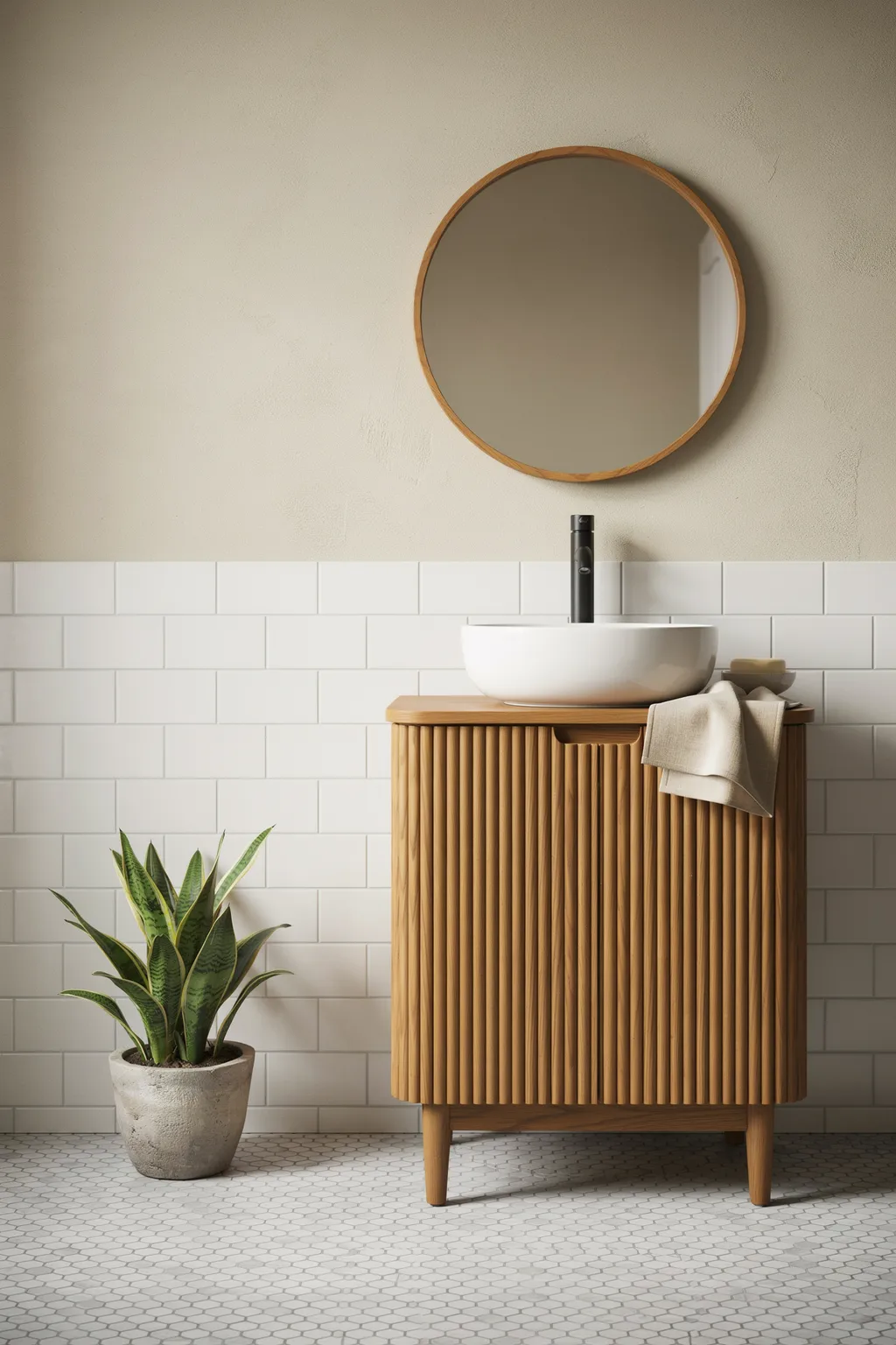 Fluted Walnut Vanity, Subway Tile