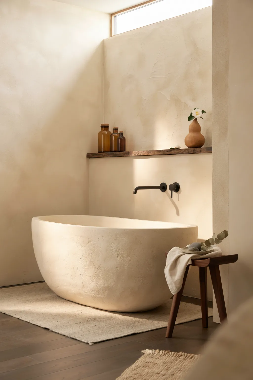 Sculptural Stone Tub, Textured Plaster