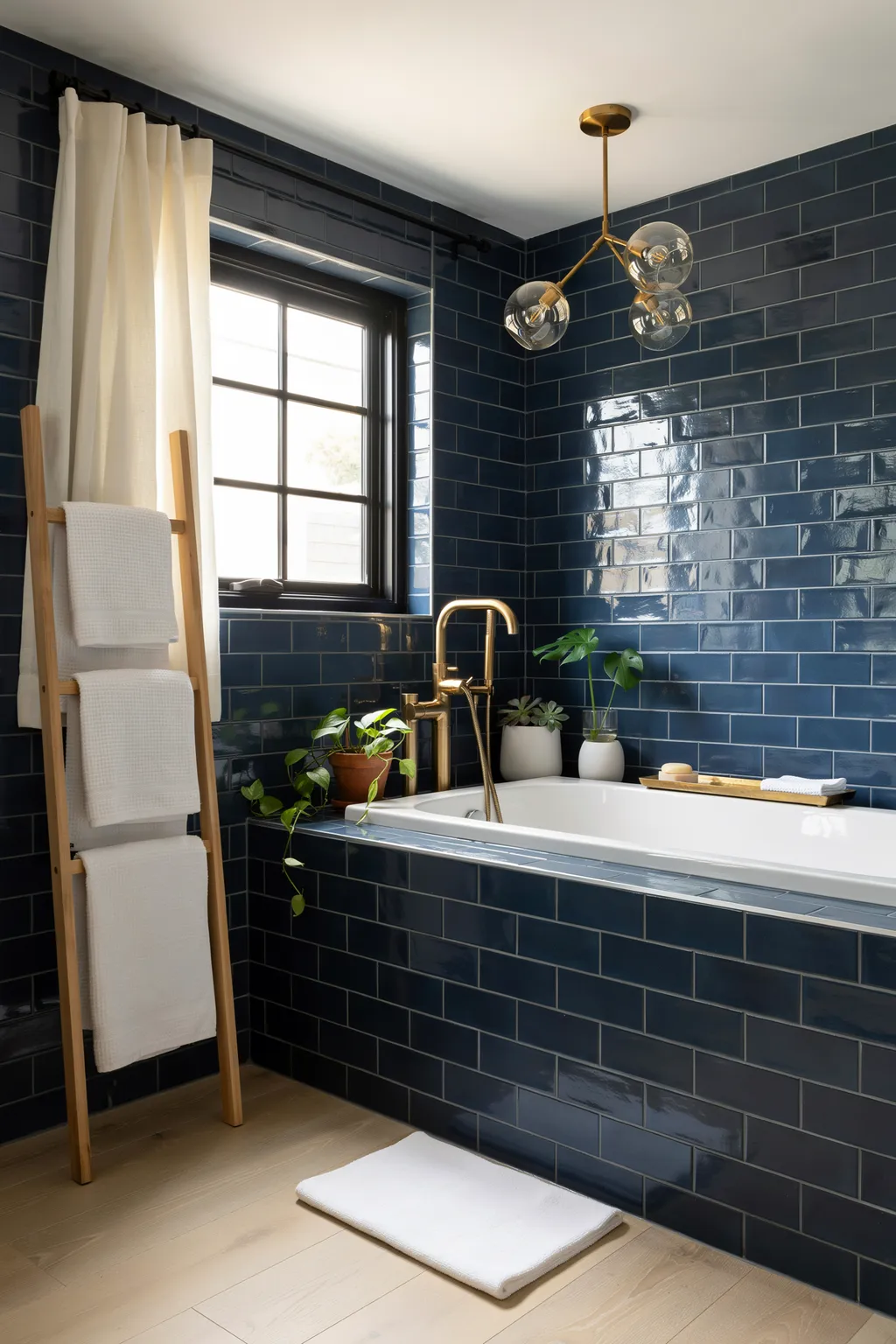 Navy Tiled Tub Surround That Matches the Walls