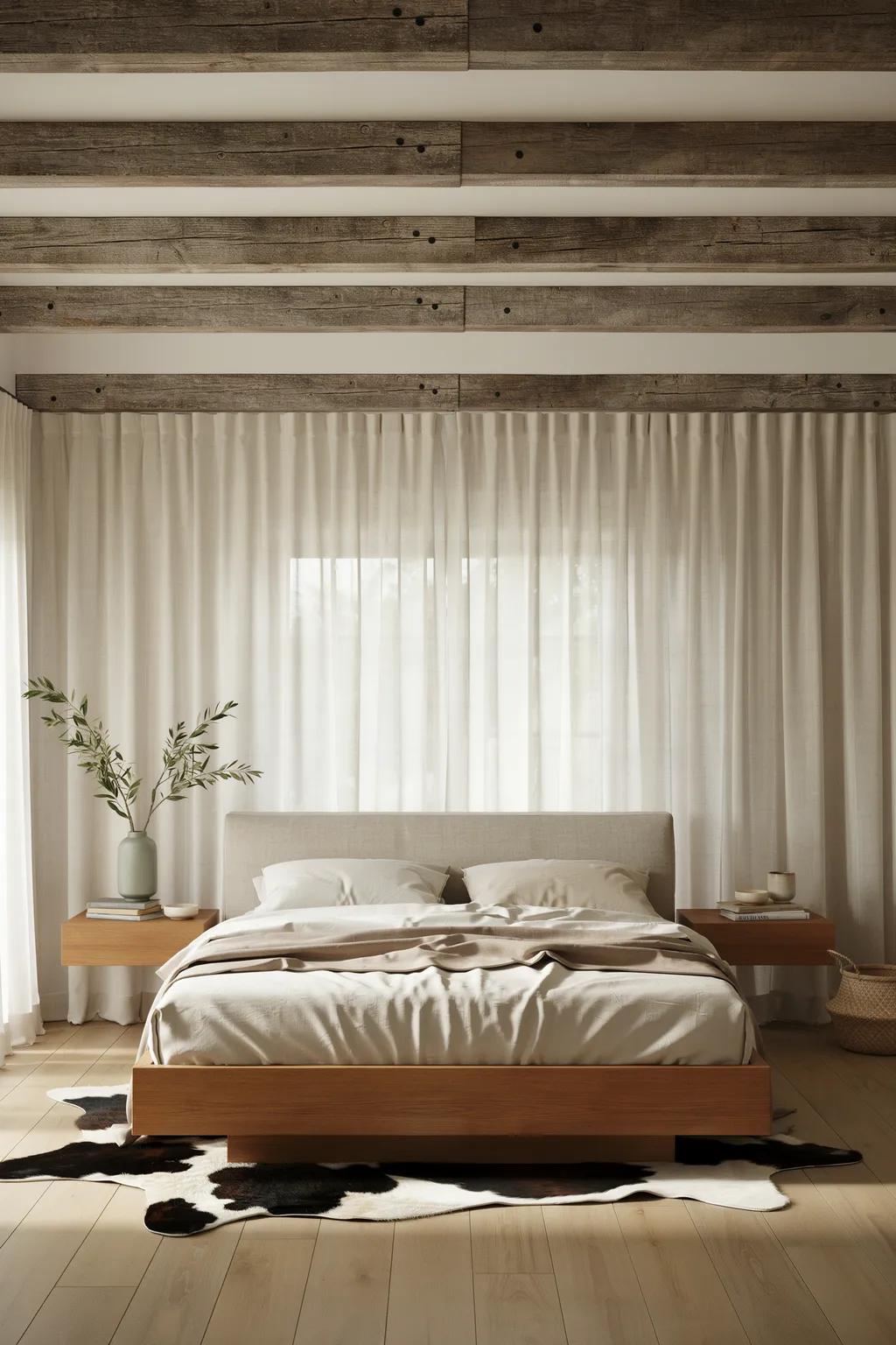 Walnut Platform Bed Under Rustic Beams