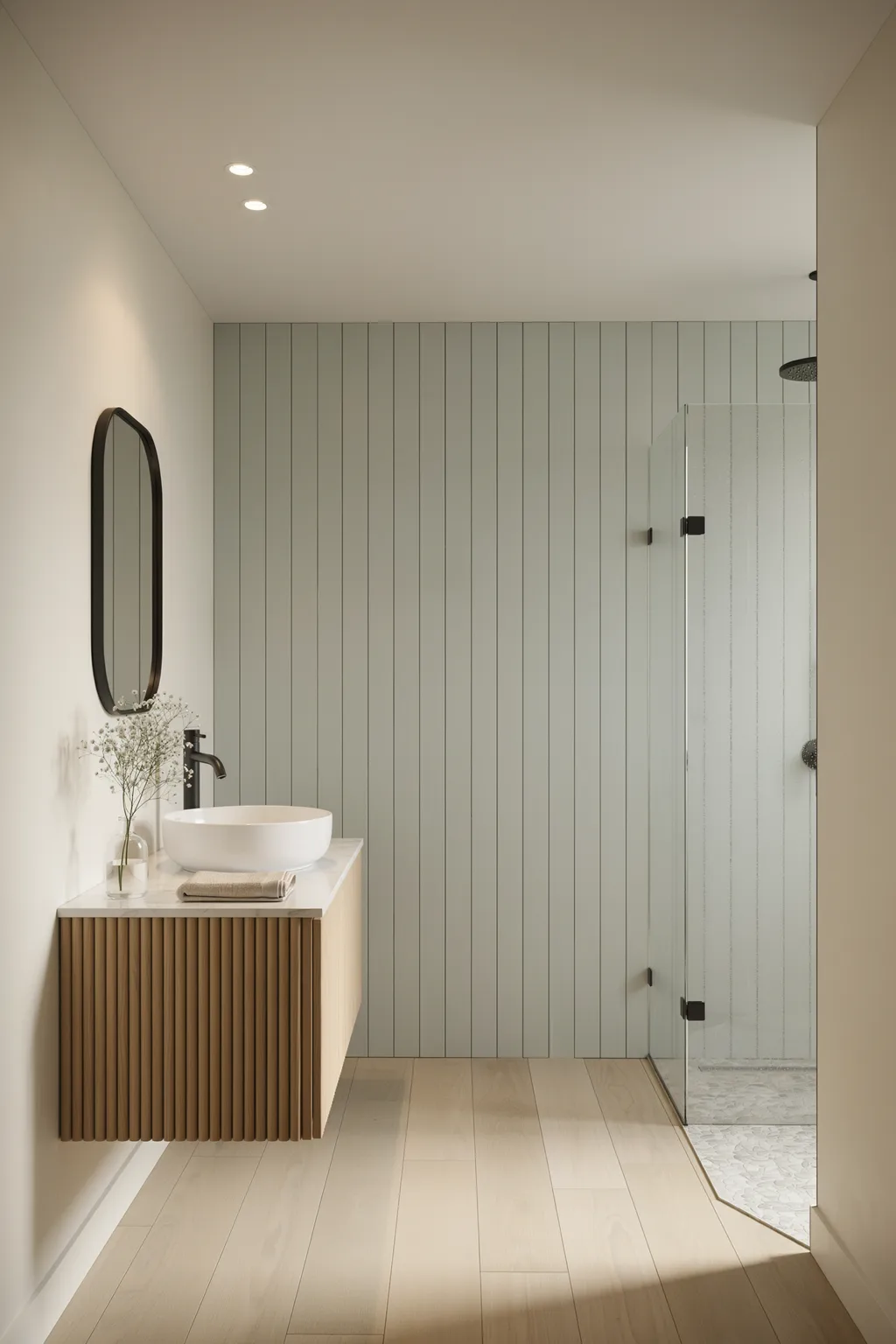 Compact Walk-In Shower, Fluted Vanity
