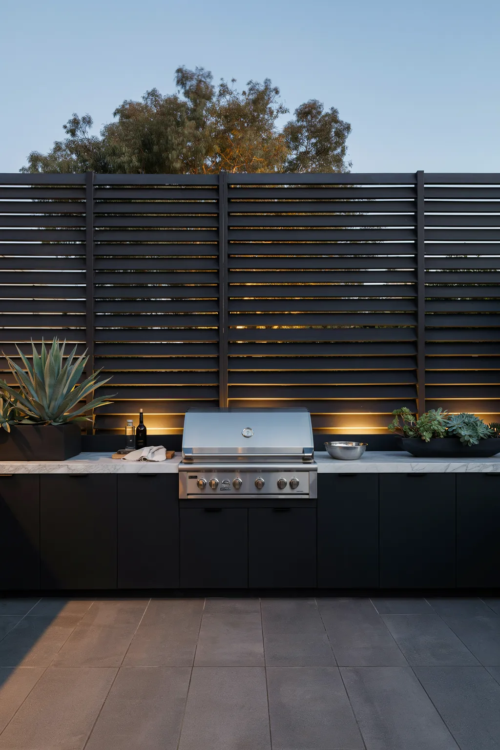 Modern Black Outdoor Kitchen With Marble