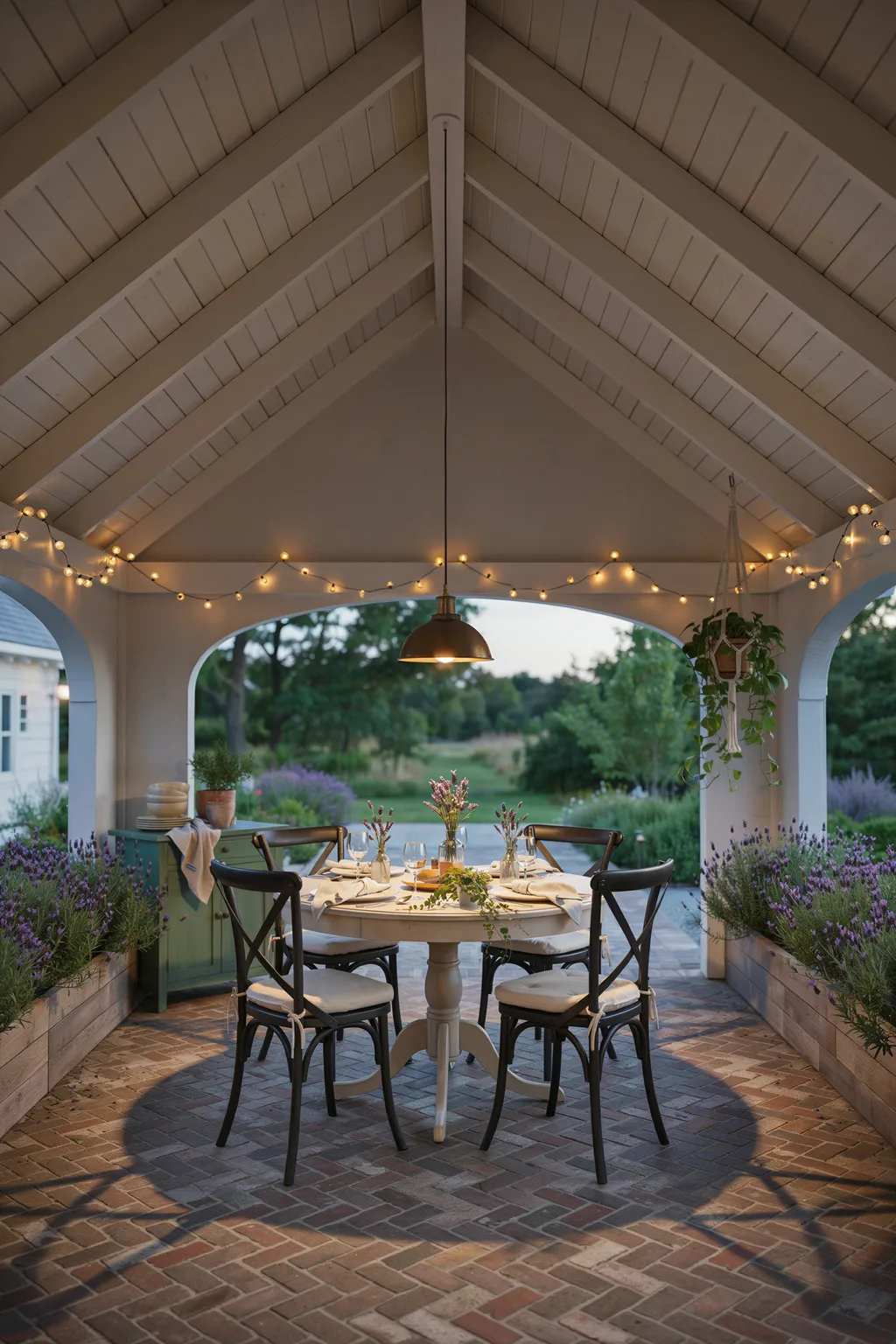 Round Patio Dining Table Under a Gable