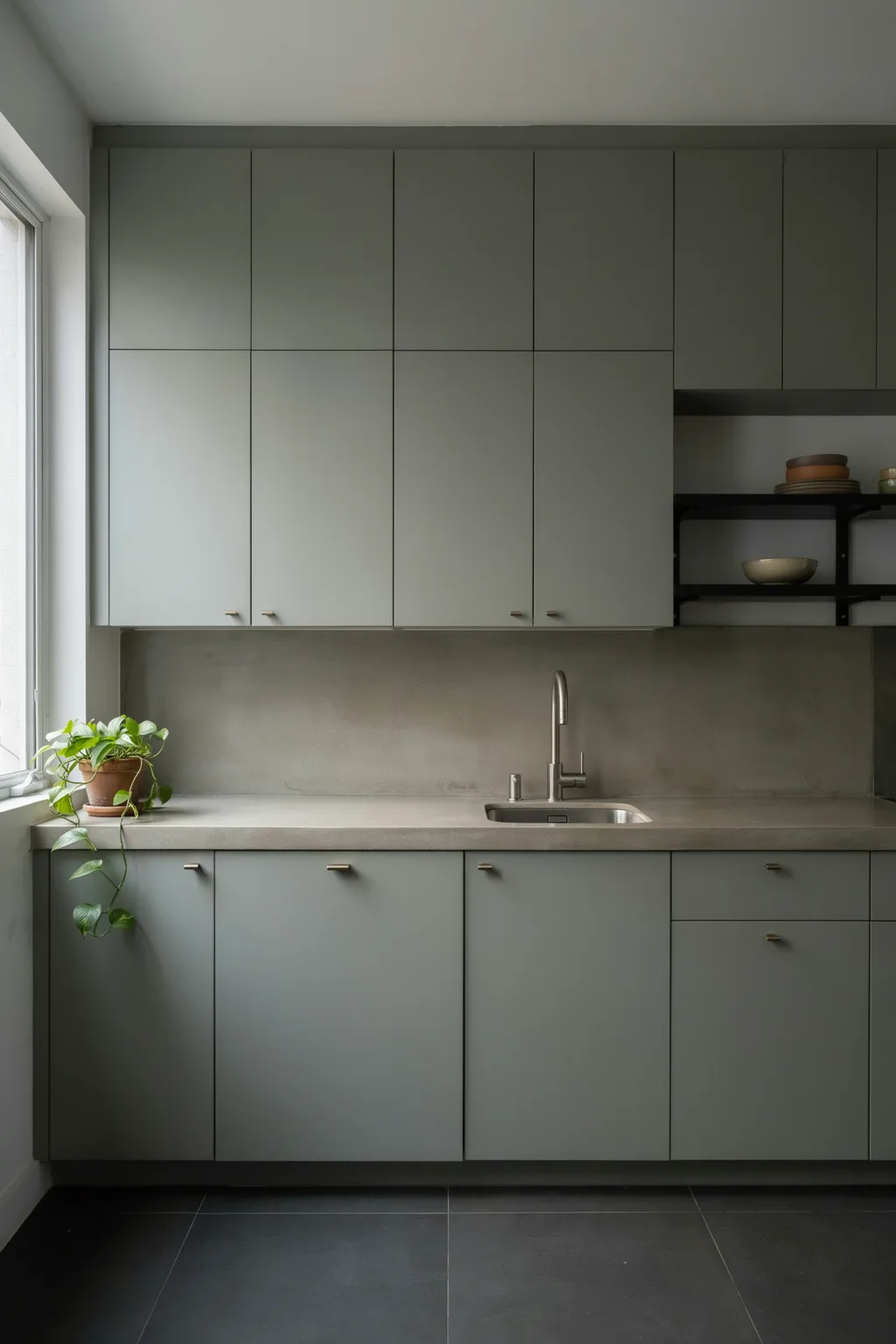 Matte Green Kitchen With Concrete
