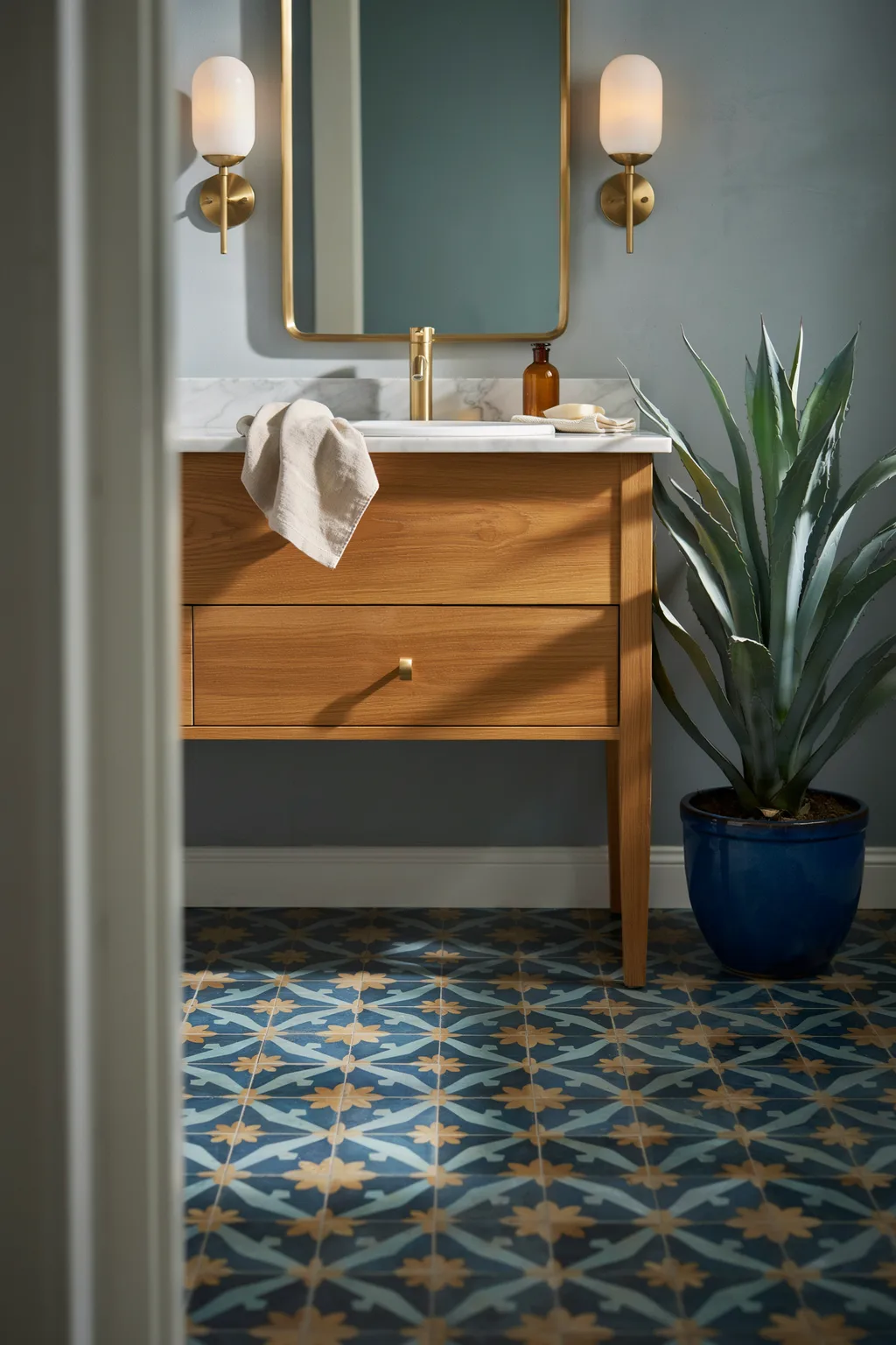 Dusty Blue Bath With Patterned Tile Floor