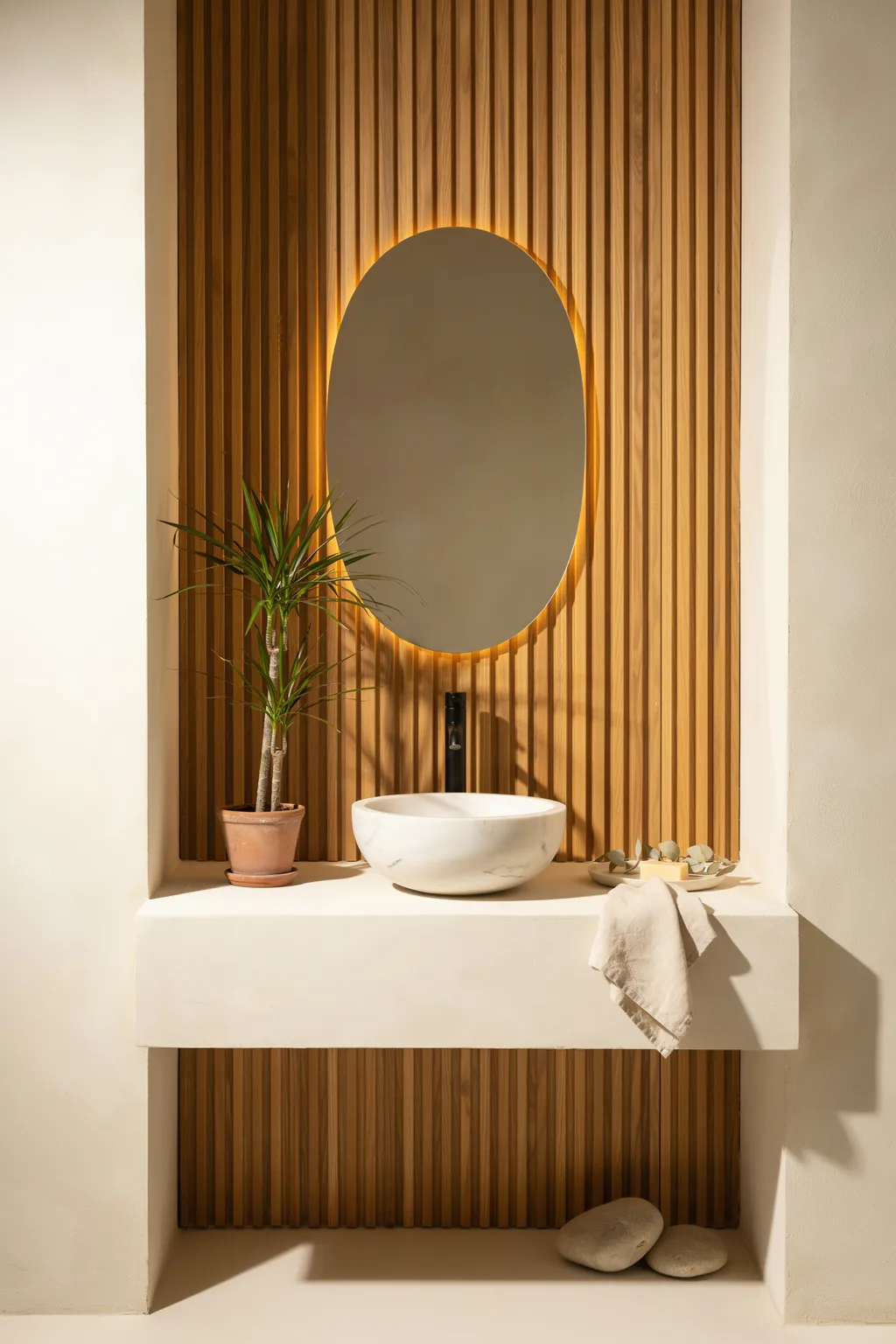 Backlit Mirror In A Zen Slat Niche