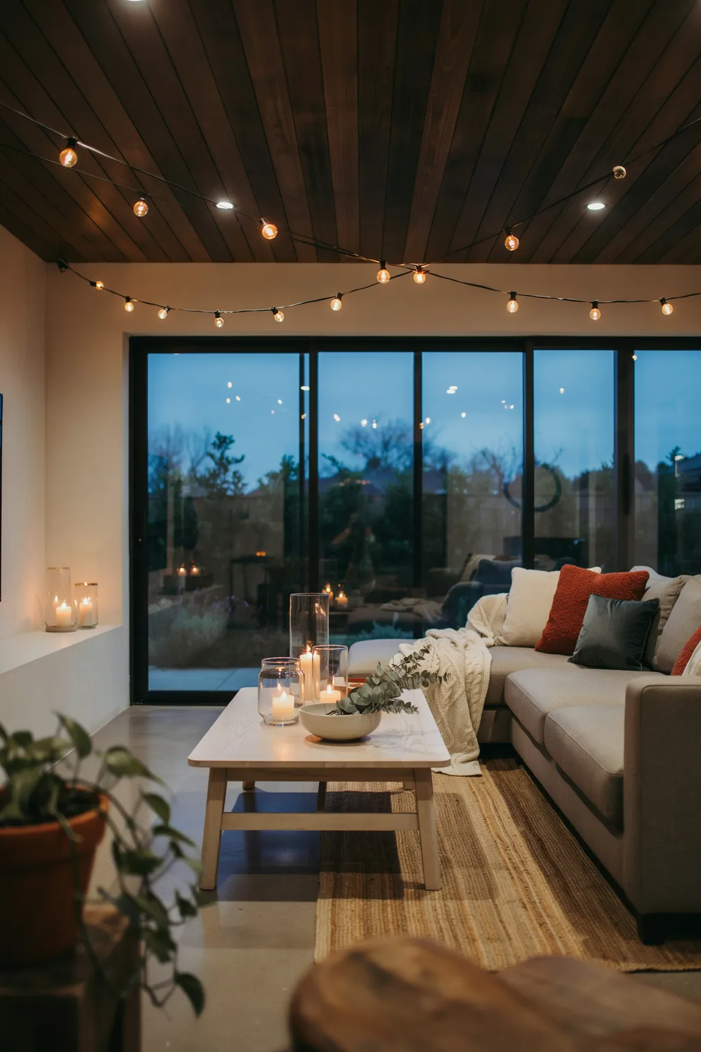 Layered Lanterns and String Lights Patio