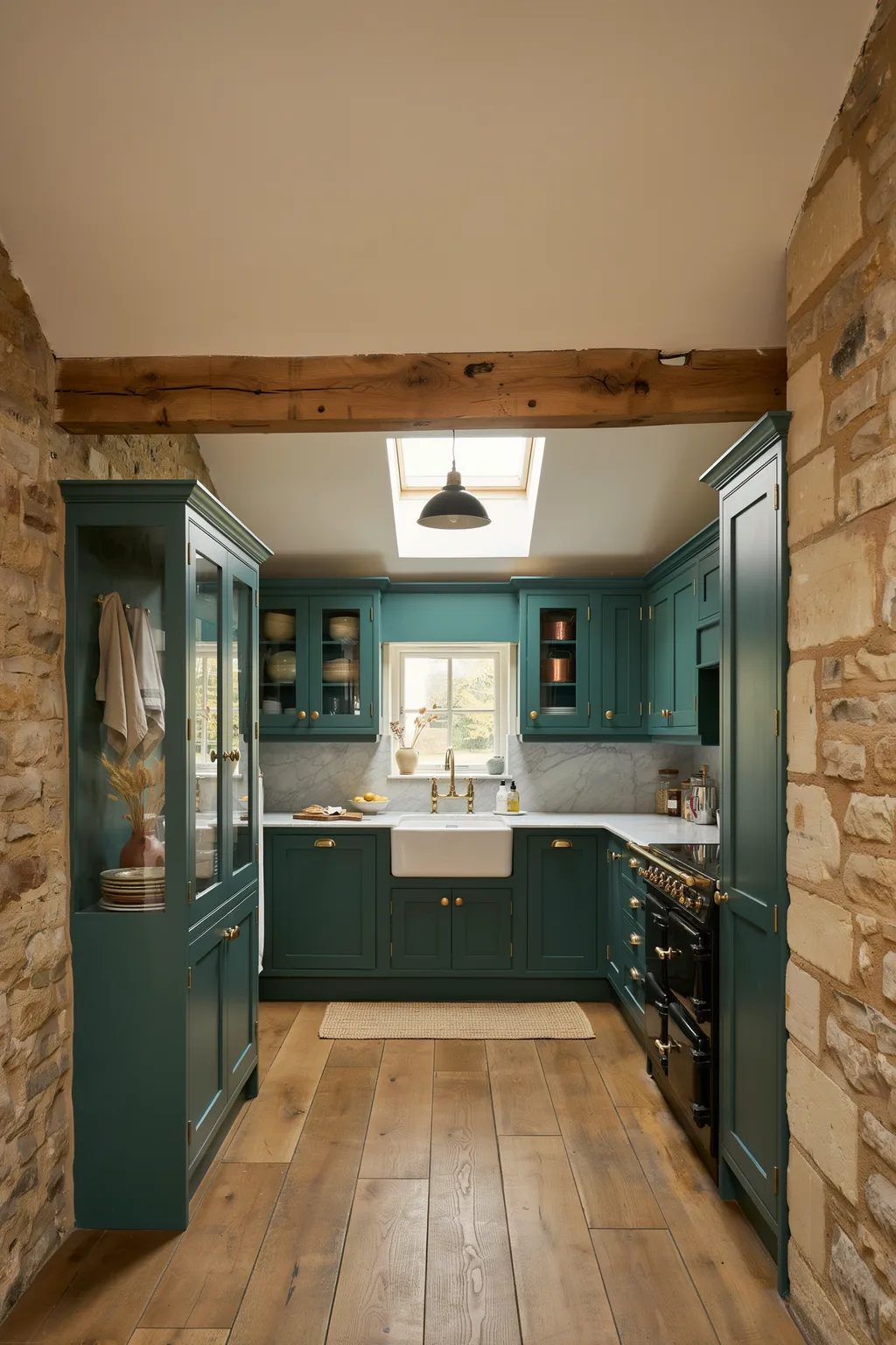 Dark Green Stone Beamed Kitchen
