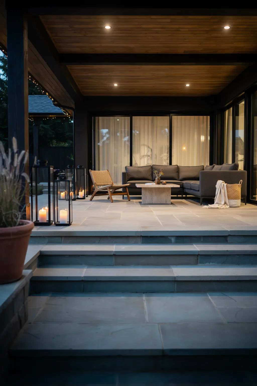 Lantern-Lined Patio Steps at Night