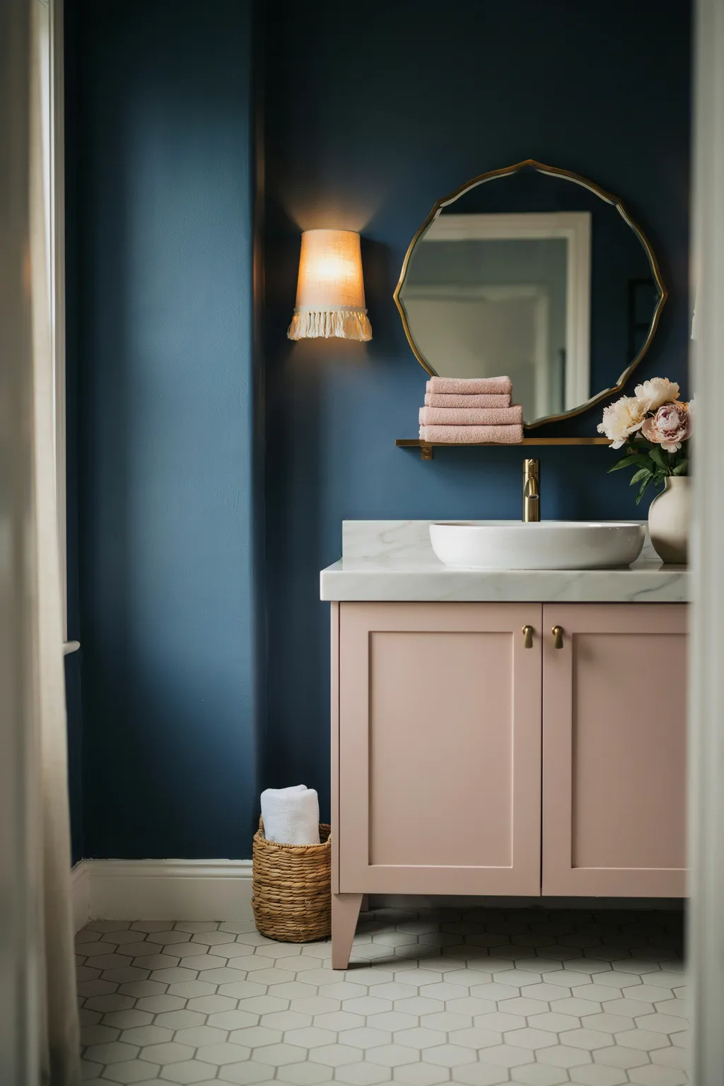Navy and Blush Pink Bathroom