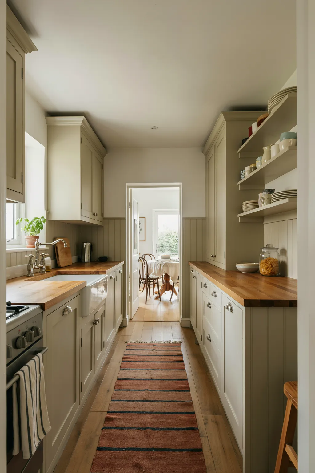 Olive Green Cottage Galley Kitchen