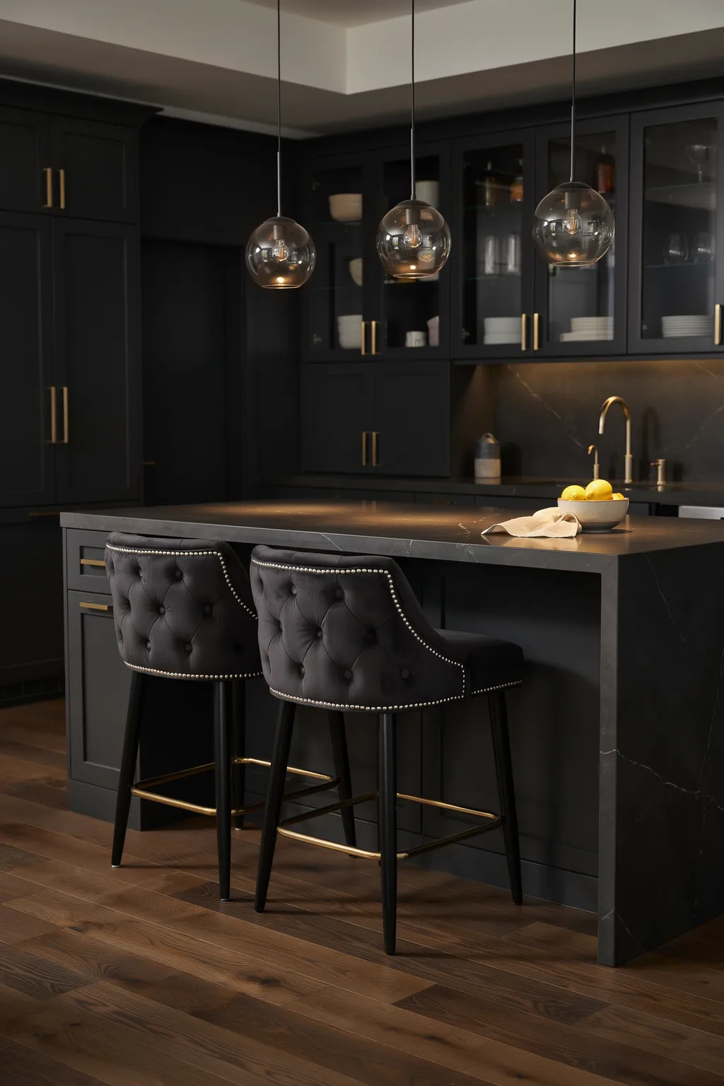 Black Velvet Tufted Stools For Dark Kitchens