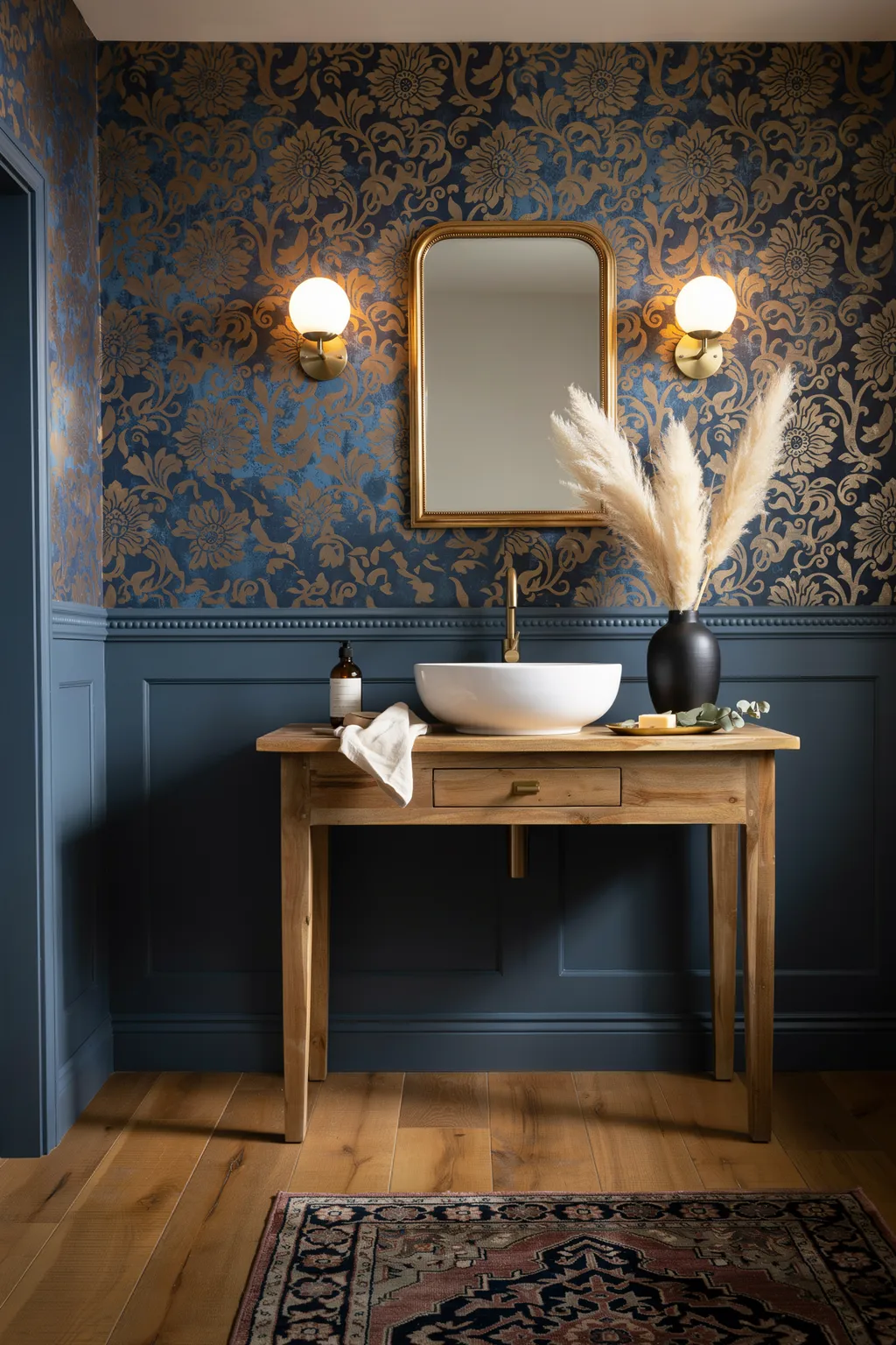 Blue Wallpaper Over Navy Wainscot