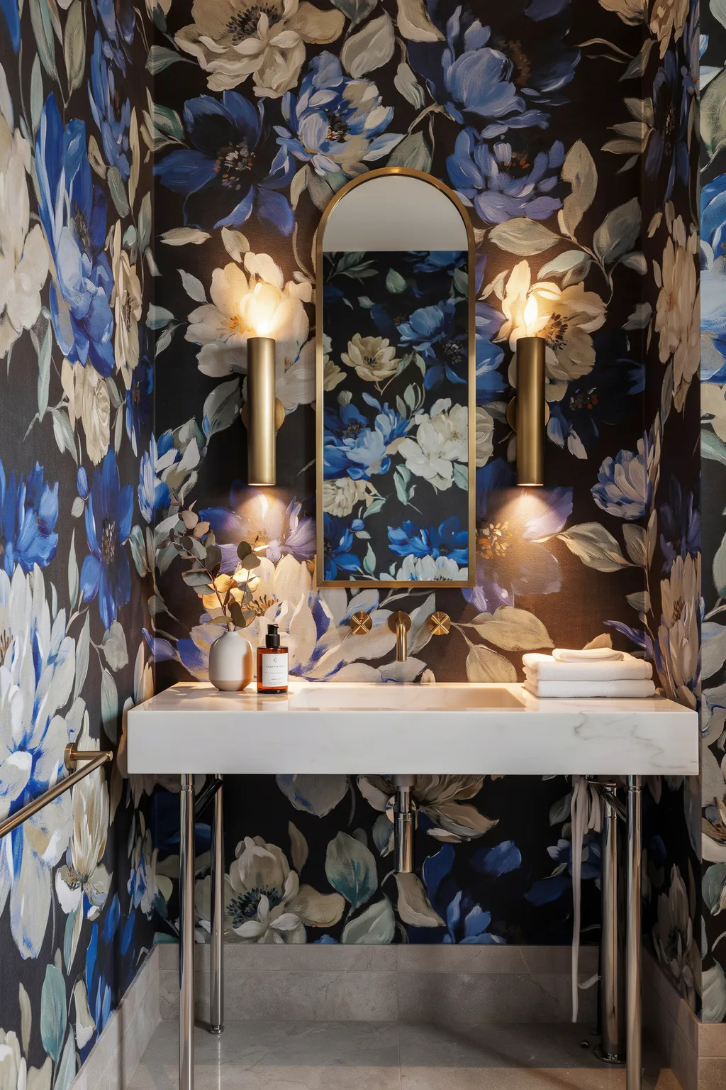 Dark Floral Wallpaper Powder Room