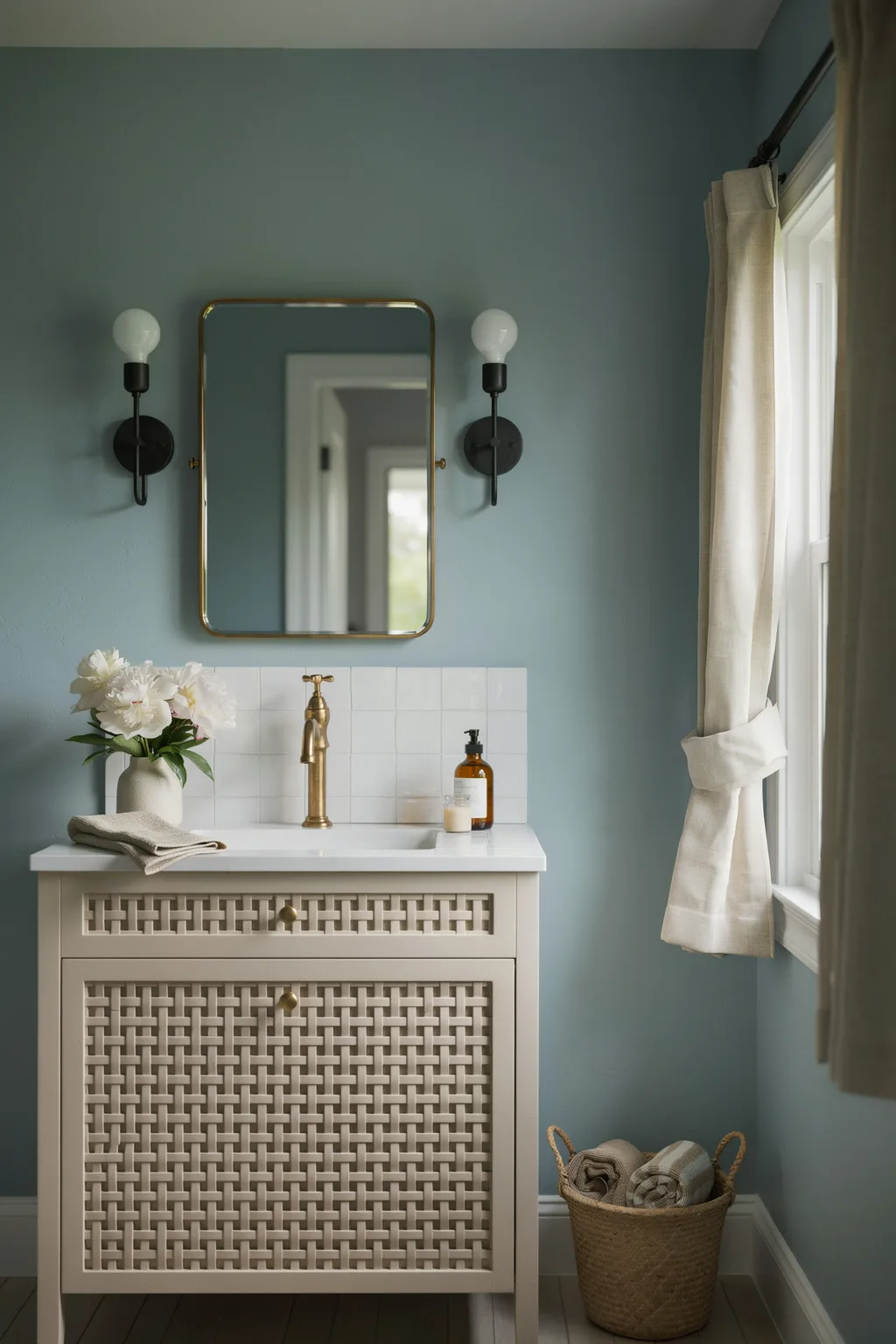 Tiled Countertop in a Teal-Blue Bath