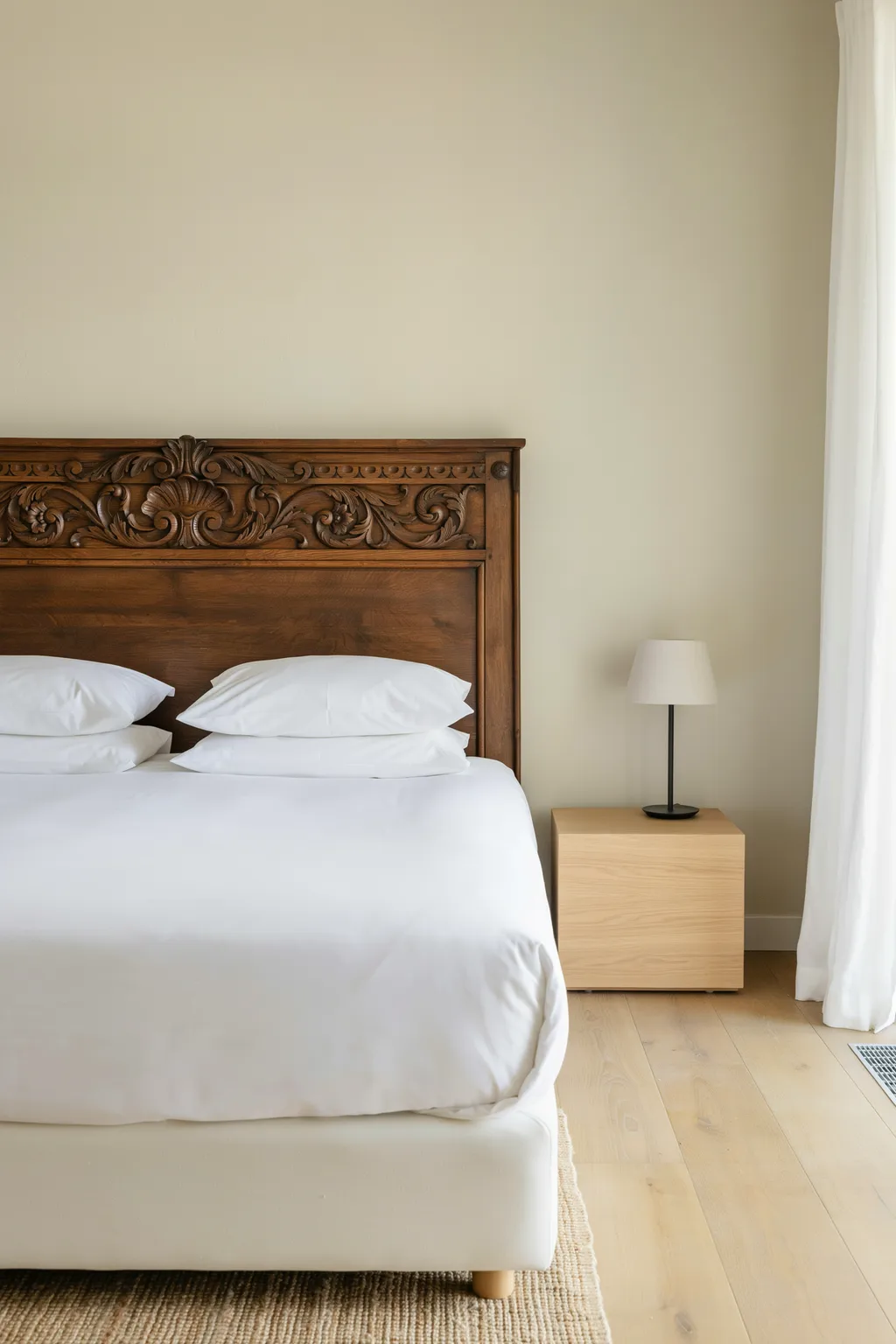 Put One Vintage Piece Against Modern Bedding