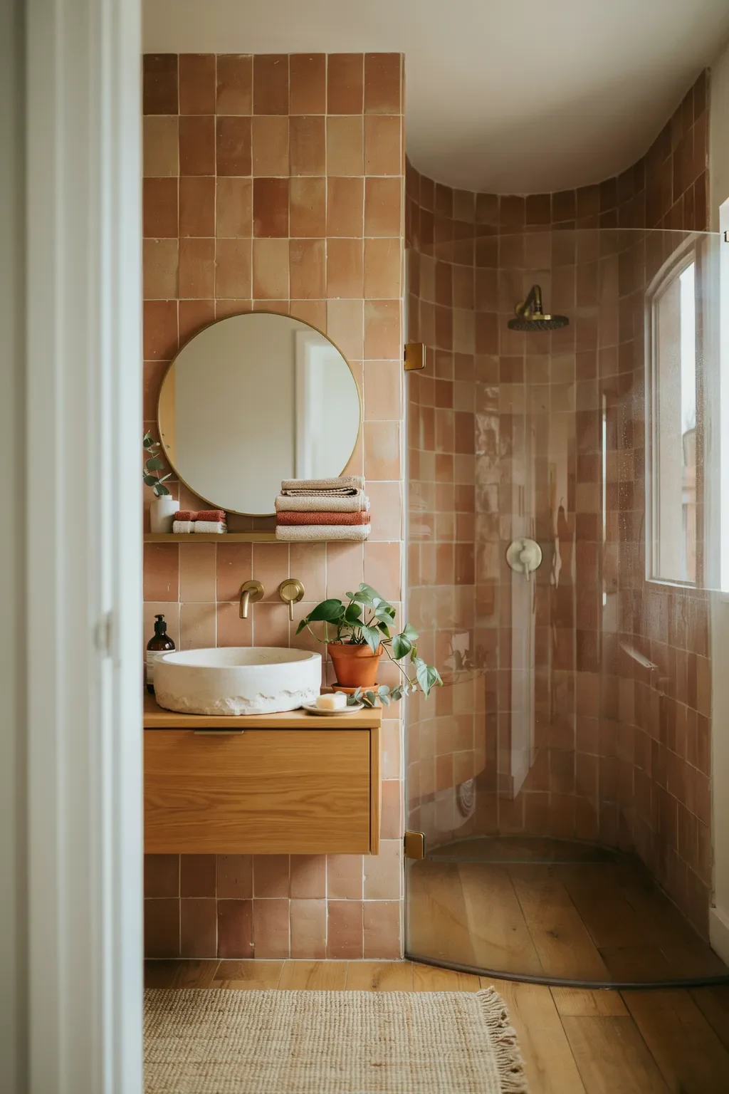 Small bathroom with a curved glass corner shower and terracotta tile
