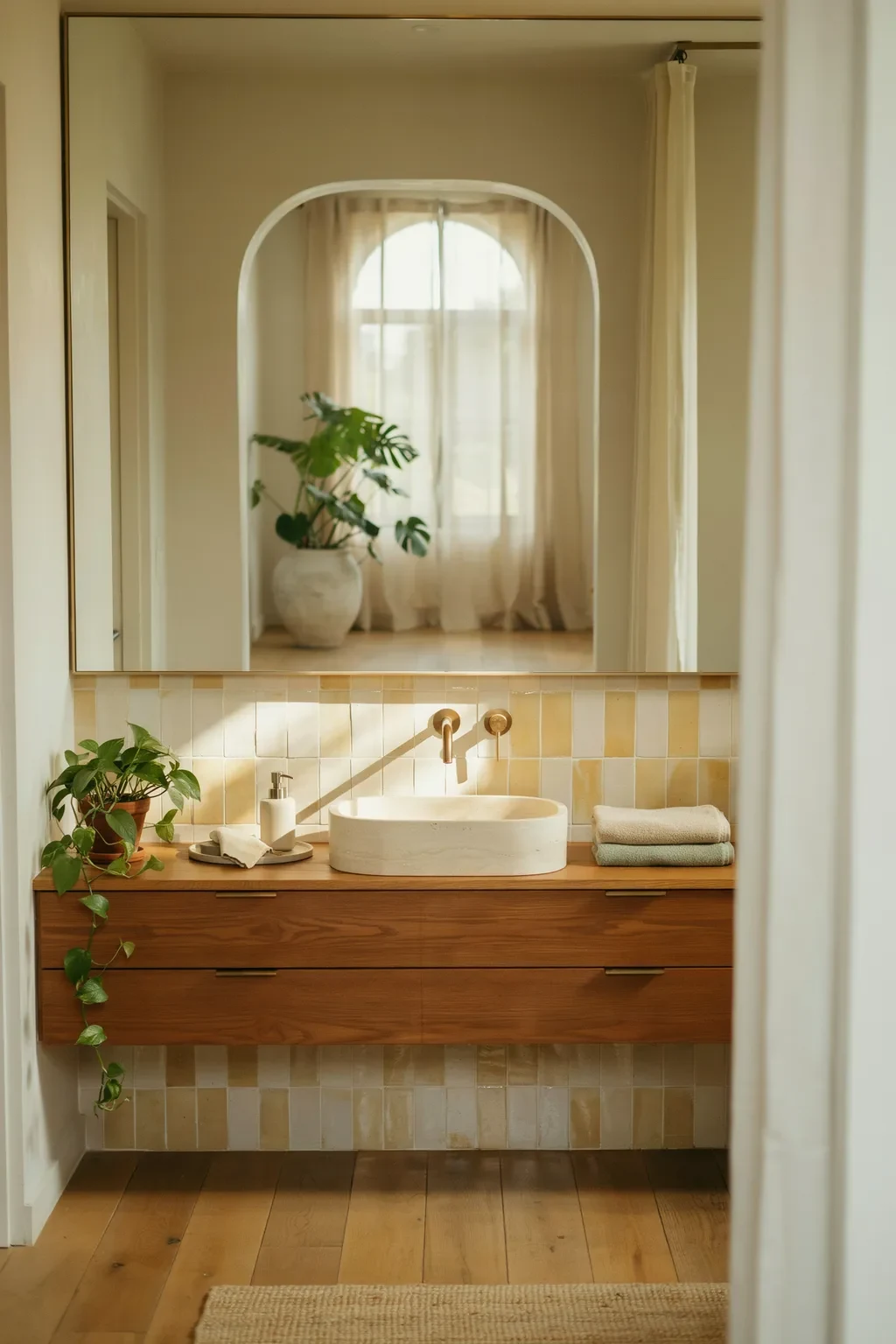 Small bathroom with a giant wall mirror doubling the sense of space