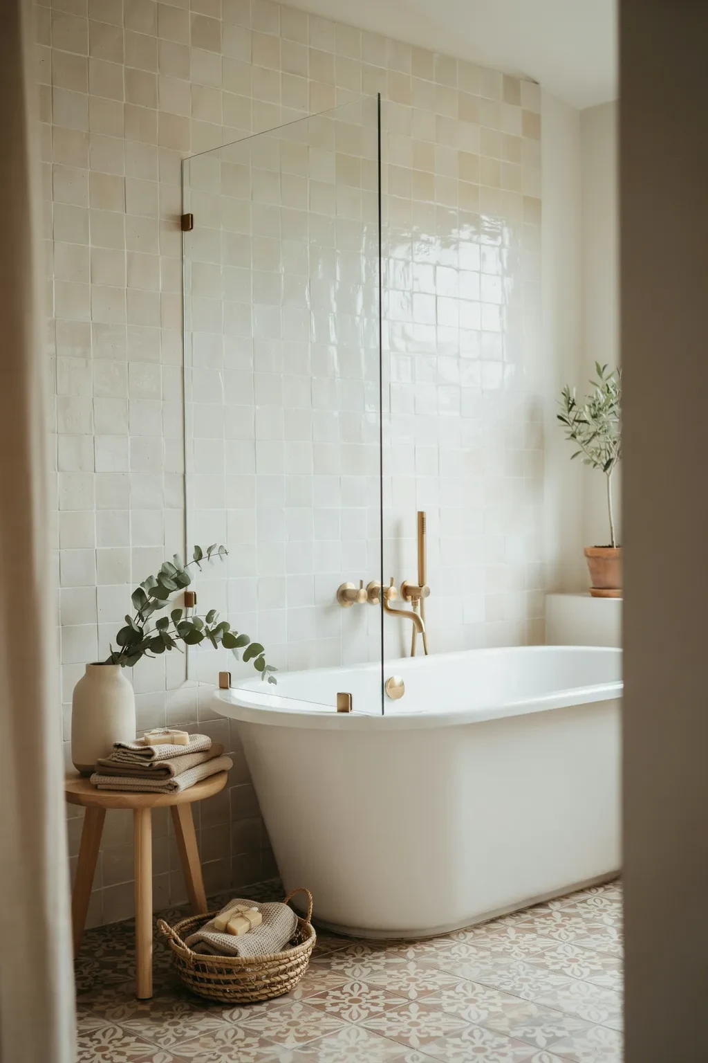 Small bathroom with a glass screen instead of a shower curtain over the tub