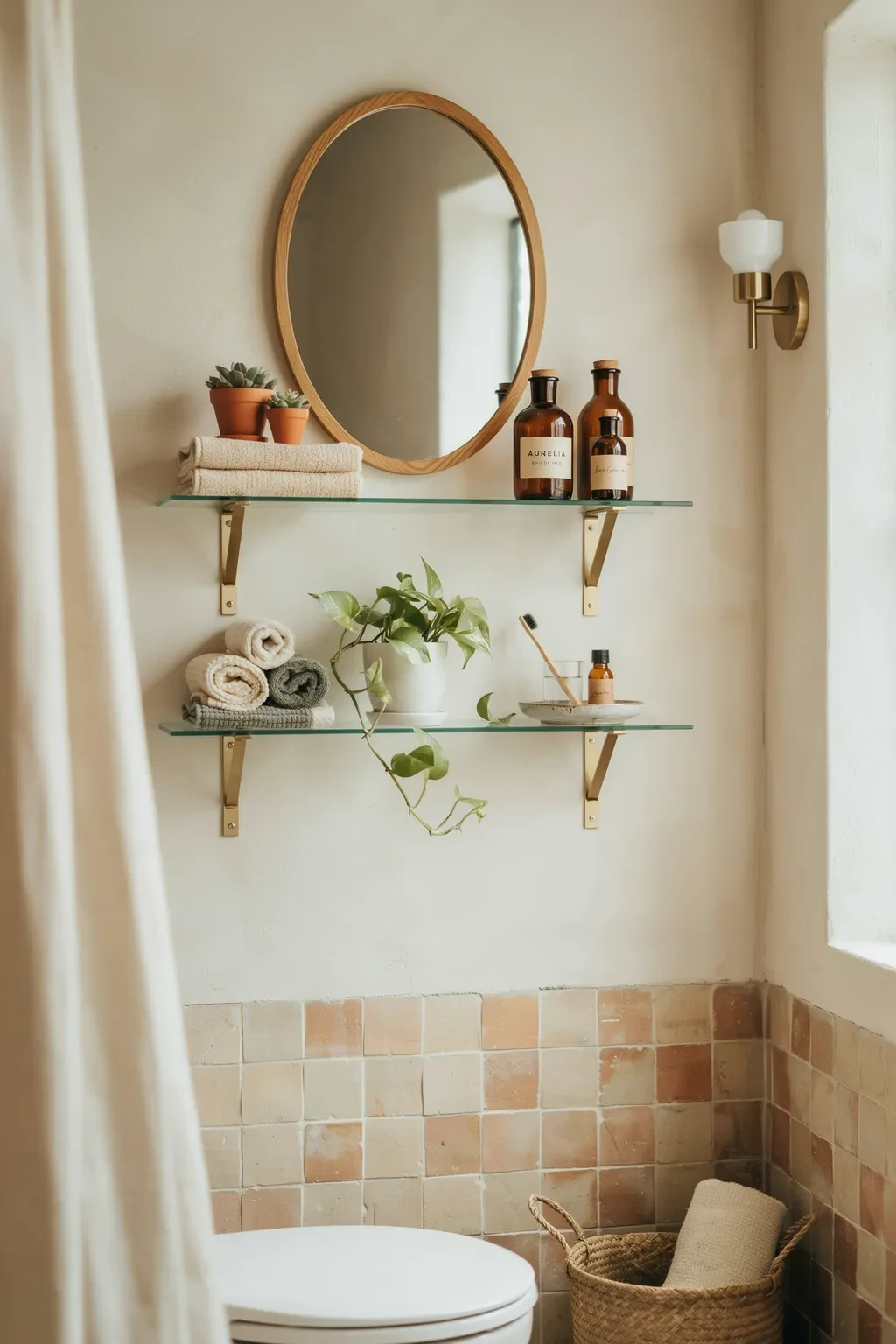 Small bathroom with styled glass shelves above the toilet for storage