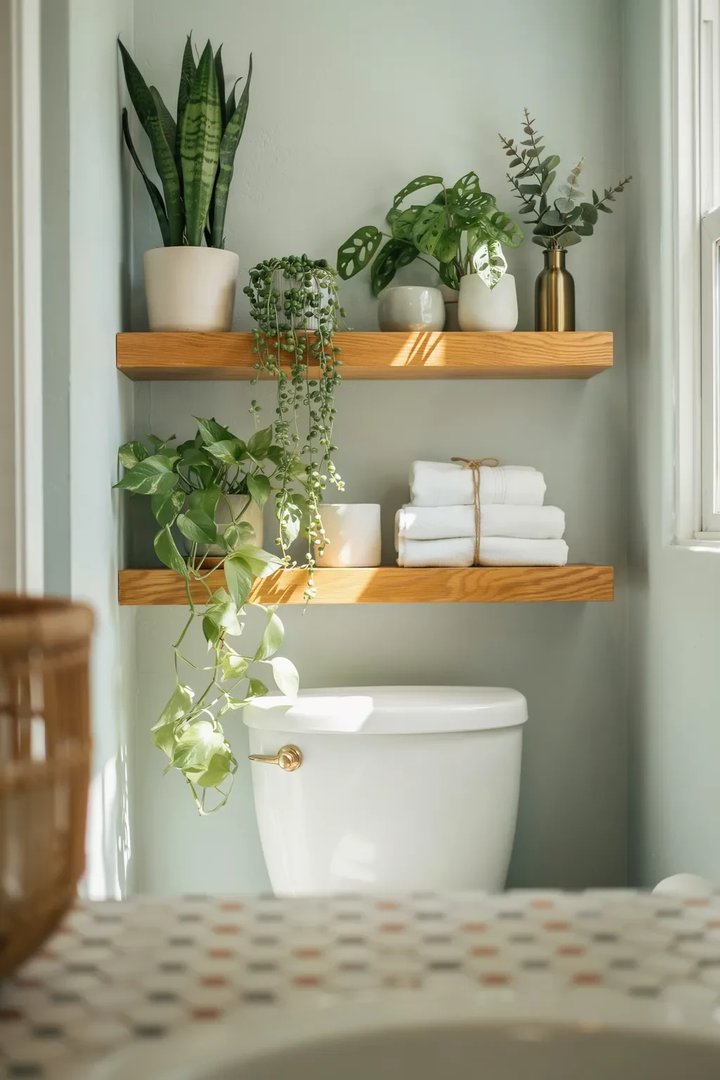 Small bathroom with a lush plant shelf above the toilet