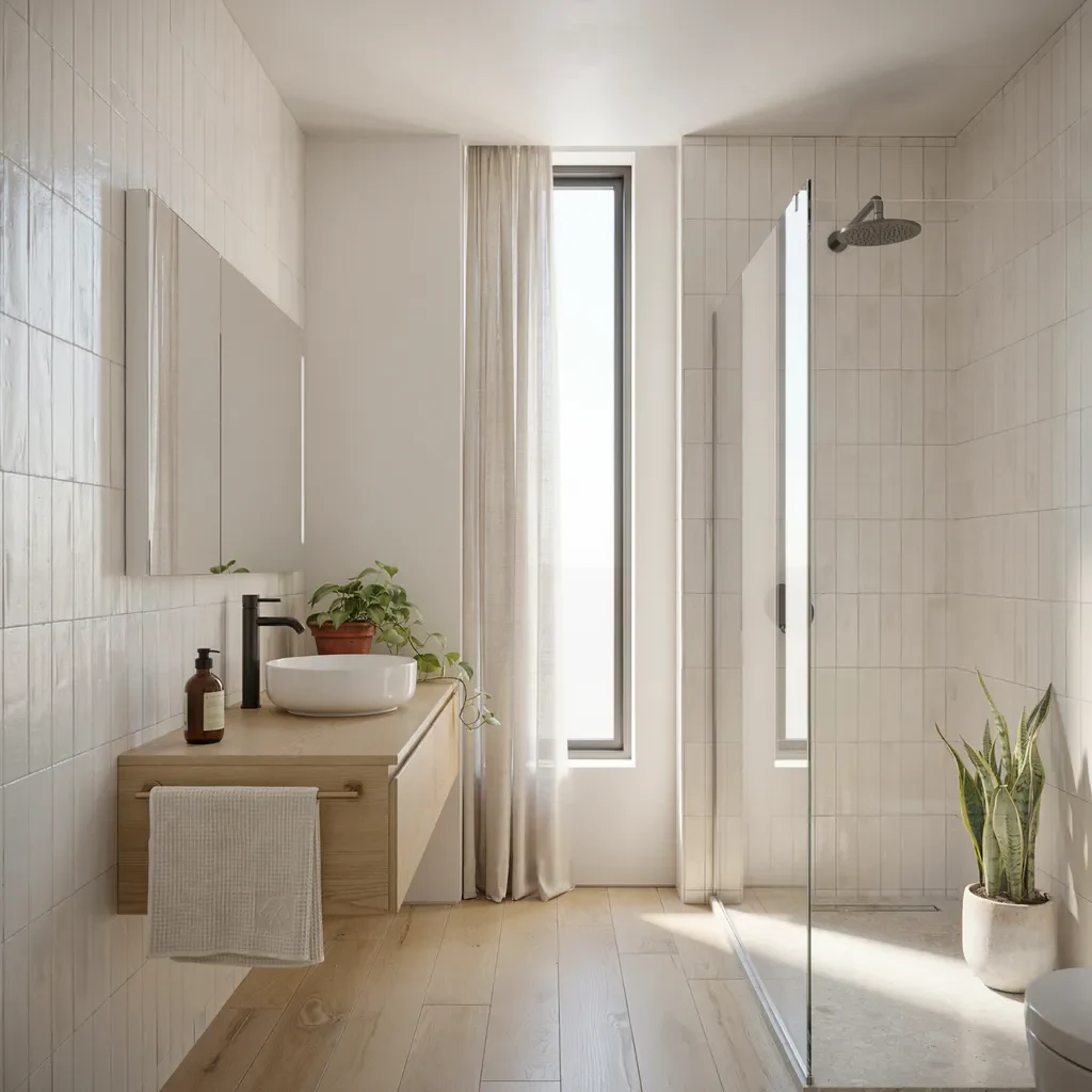 Bright small bathroom with glass walk-in shower and floating oak vanity
