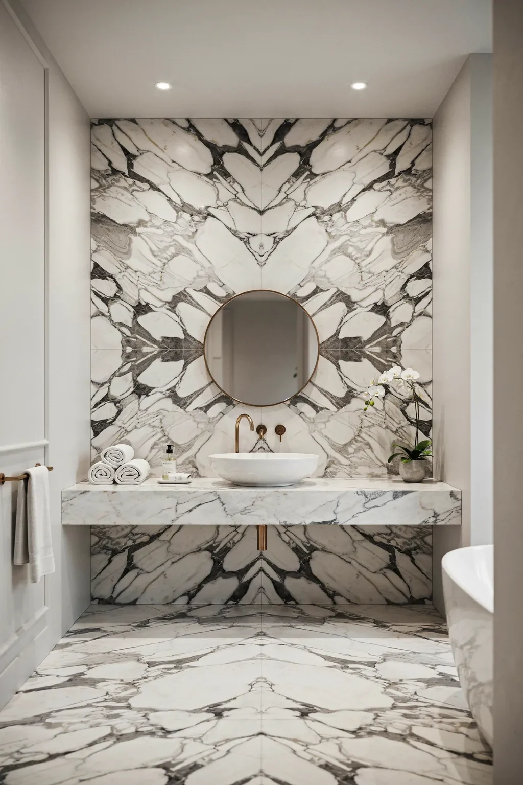 Bathroom with bold book-matched black and white marble tile walls and floor